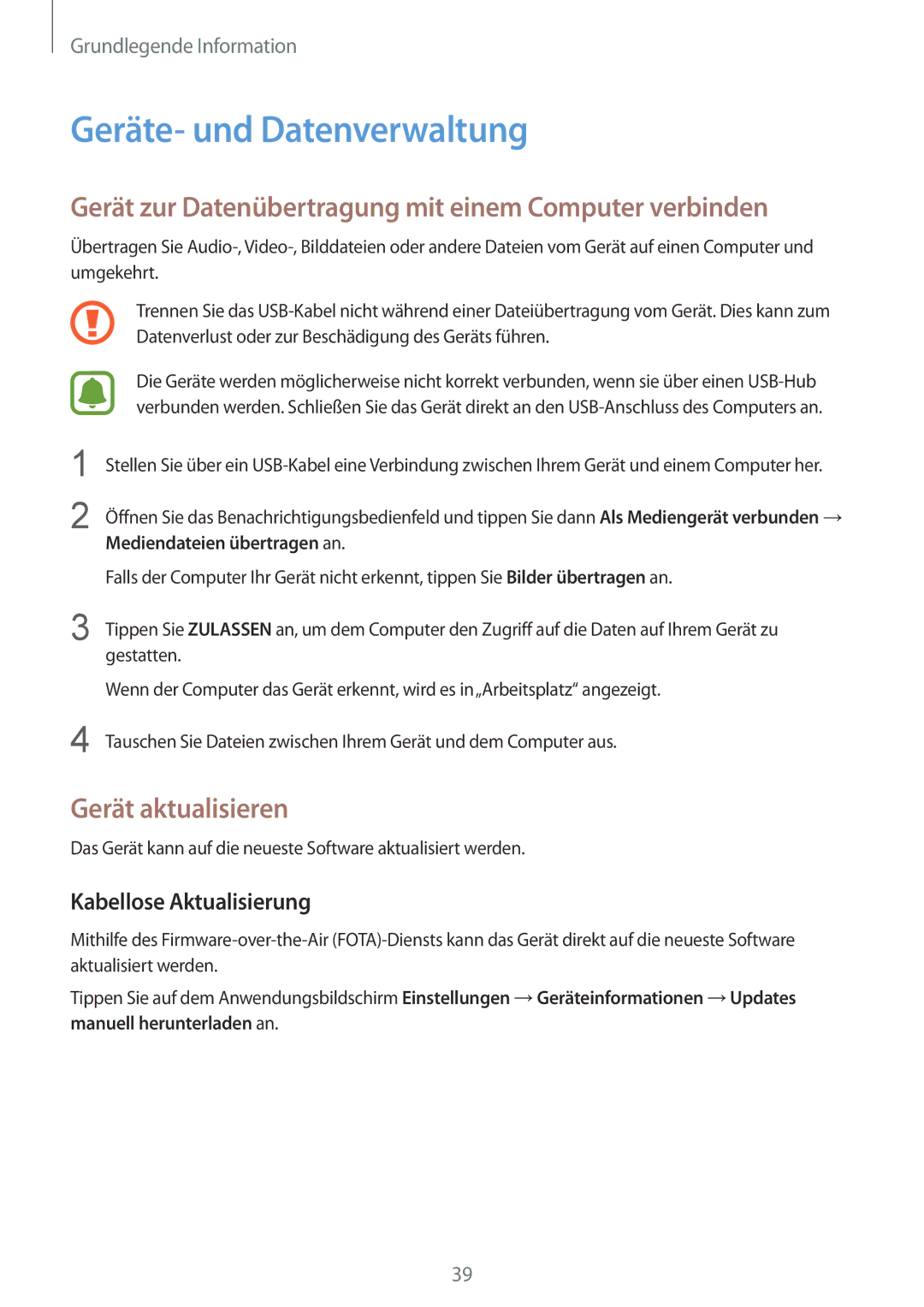 Samsung SM-T810NZKEDBT manual Geräte- und Datenverwaltung, Gerät zur Datenübertragung mit einem Computer verbinden 