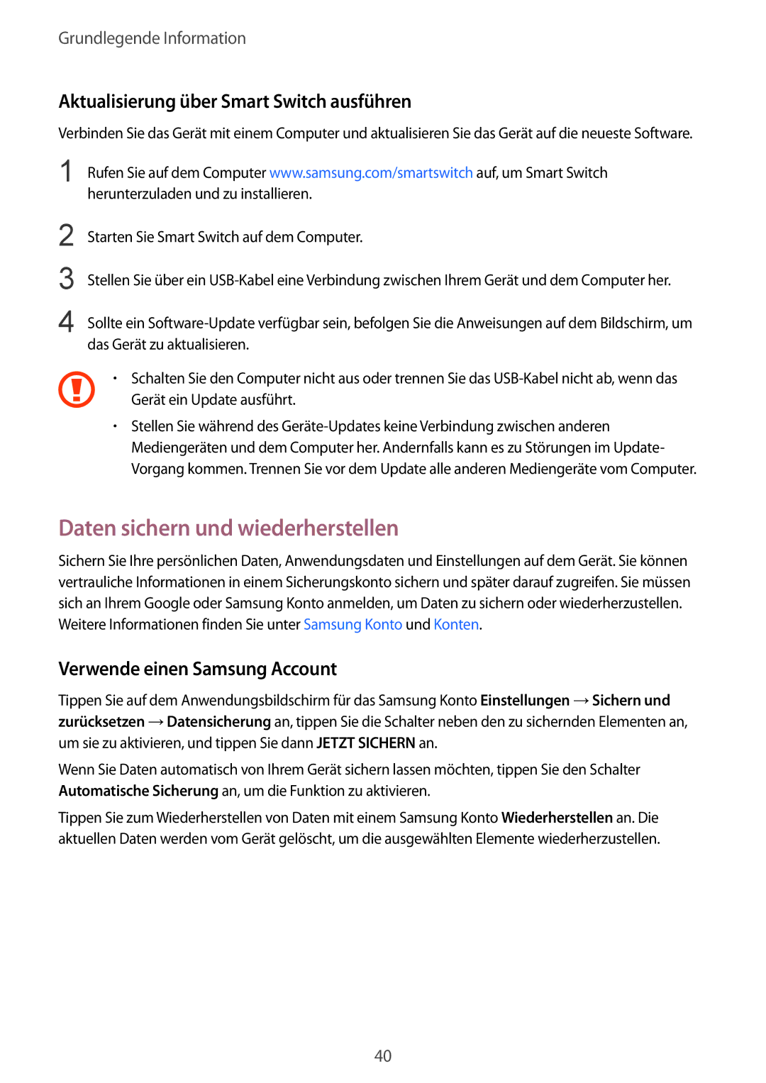 Samsung SM-T810NZWEDBT, SM-T810NZKEDBT manual Daten sichern und wiederherstellen, Aktualisierung über Smart Switch ausführen 