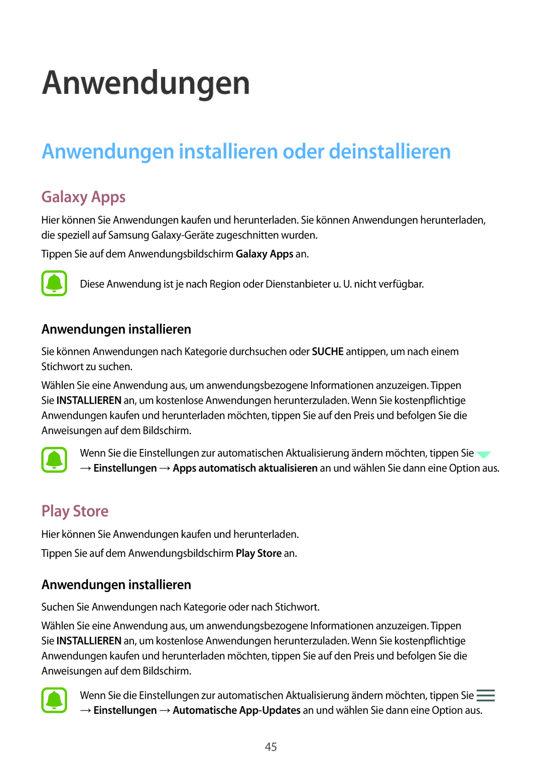 Samsung SM-T810NZKEDBT, SM-T810NZWEDBT manual Anwendungen installieren oder deinstallieren, Galaxy Apps, Play Store 