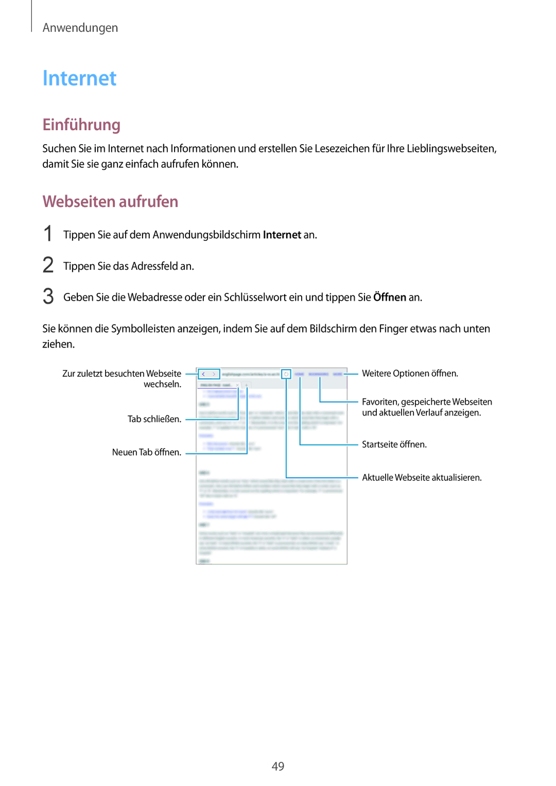 Samsung SM-T810NZWEDBT, SM-T810NZKEDBT, SM-T810NZDEDBT manual Internet, Webseiten aufrufen 