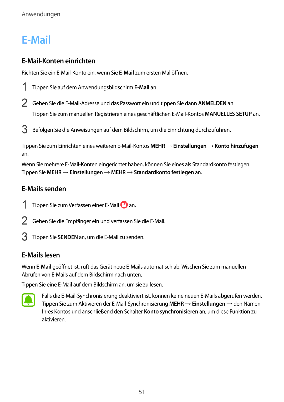 Samsung SM-T810NZKEDBT, SM-T810NZWEDBT, SM-T810NZDEDBT manual Mail-Konten einrichten, Mails senden, Mails lesen 