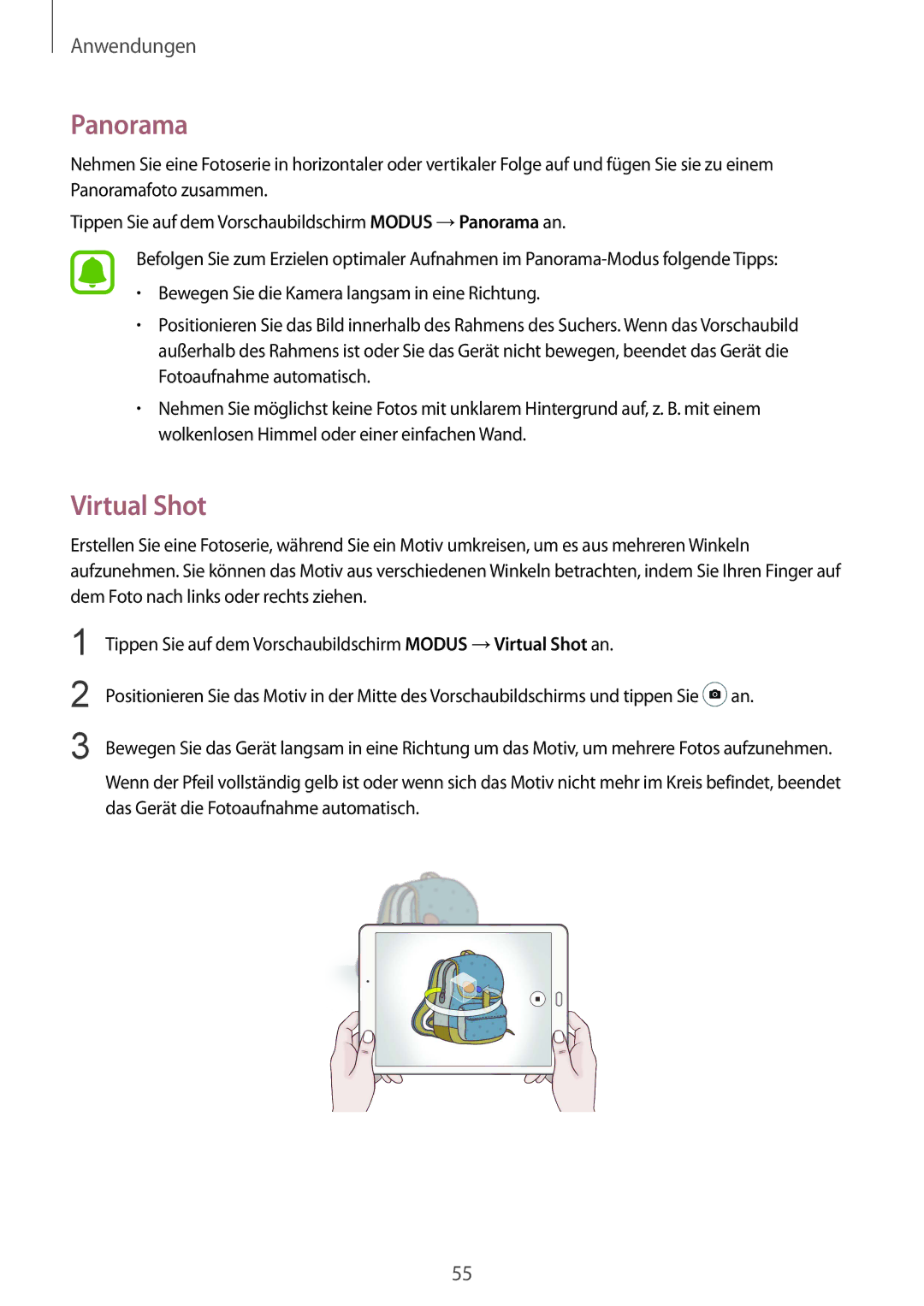 Samsung SM-T810NZWEDBT, SM-T810NZKEDBT, SM-T810NZDEDBT manual Panorama, Virtual Shot 