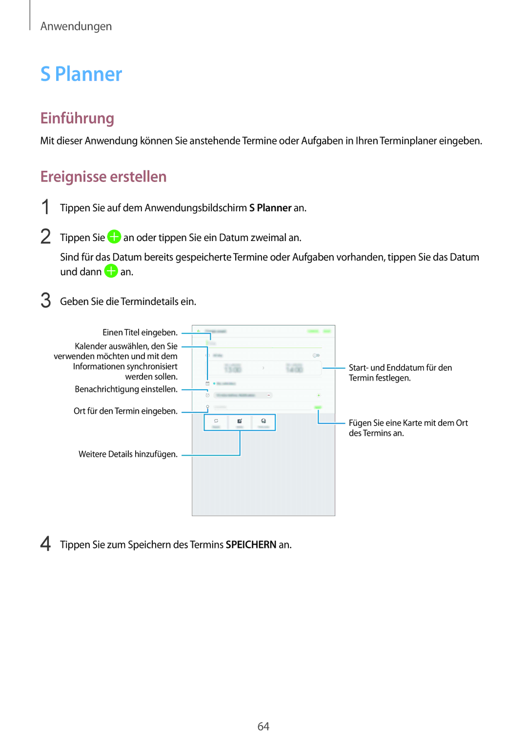 Samsung SM-T810NZWEDBT, SM-T810NZKEDBT, SM-T810NZDEDBT manual Planner, Ereignisse erstellen 