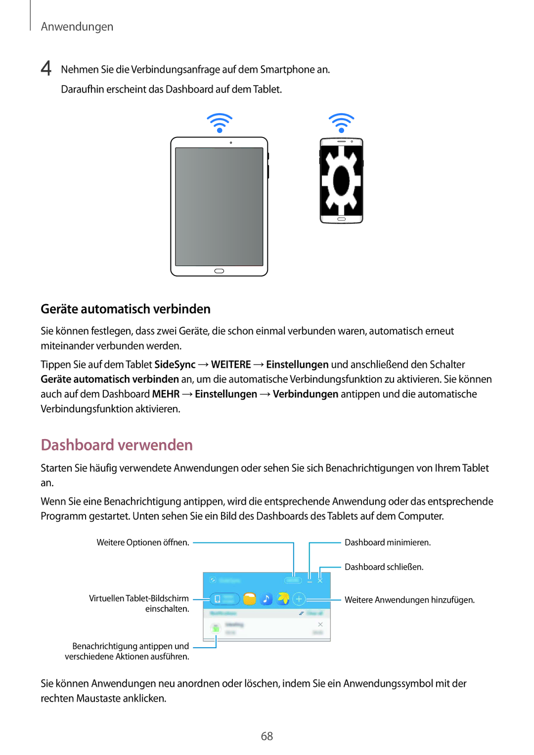 Samsung SM-T810NZDEDBT, SM-T810NZKEDBT, SM-T810NZWEDBT manual Dashboard verwenden, Geräte automatisch verbinden 