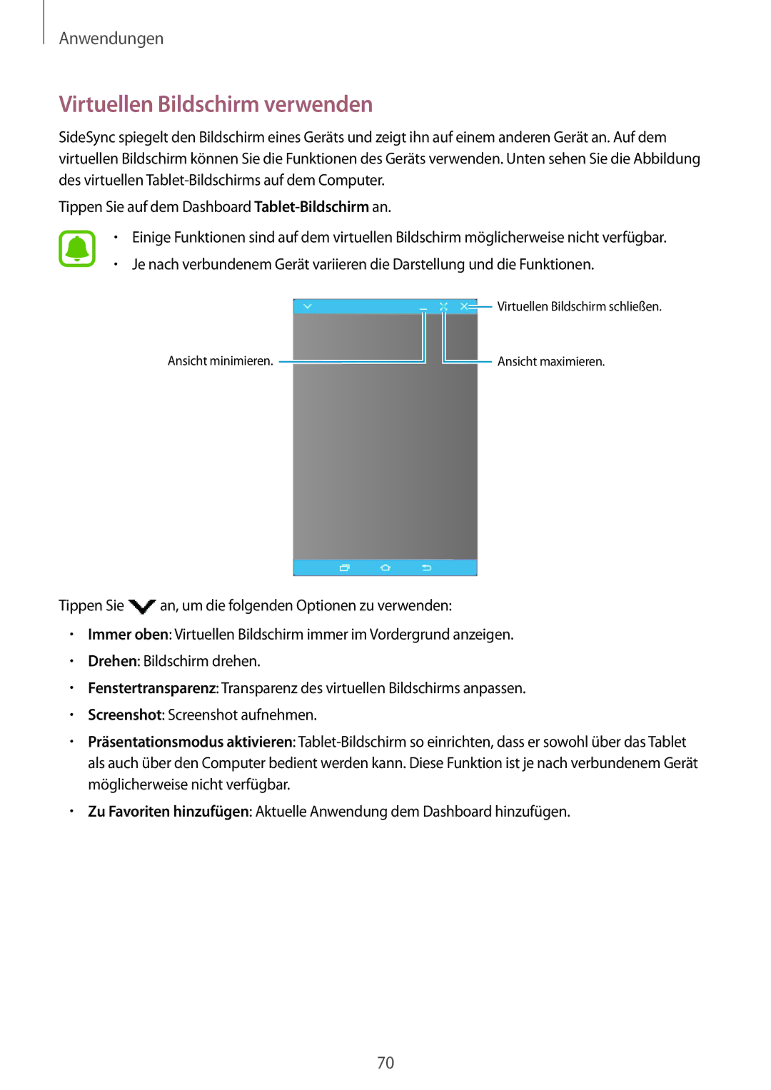 Samsung SM-T810NZWEDBT, SM-T810NZKEDBT, SM-T810NZDEDBT manual Virtuellen Bildschirm verwenden 