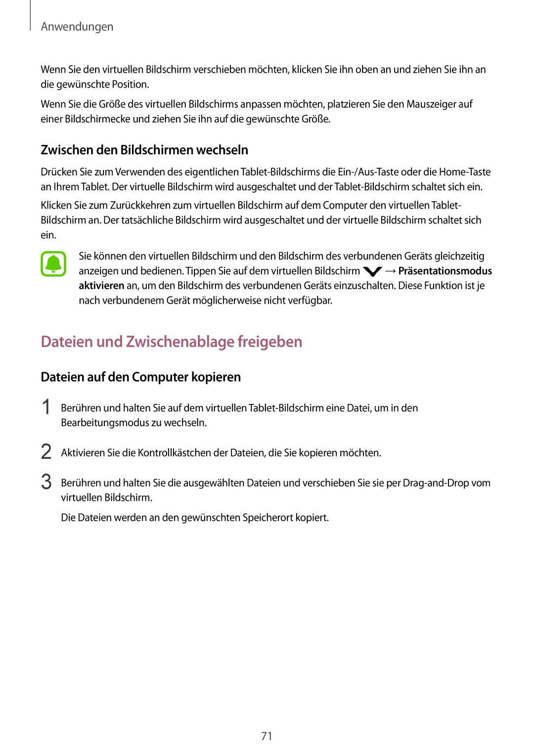 Samsung SM-T810NZDEDBT, SM-T810NZKEDBT manual Dateien und Zwischenablage freigeben, Zwischen den Bildschirmen wechseln 