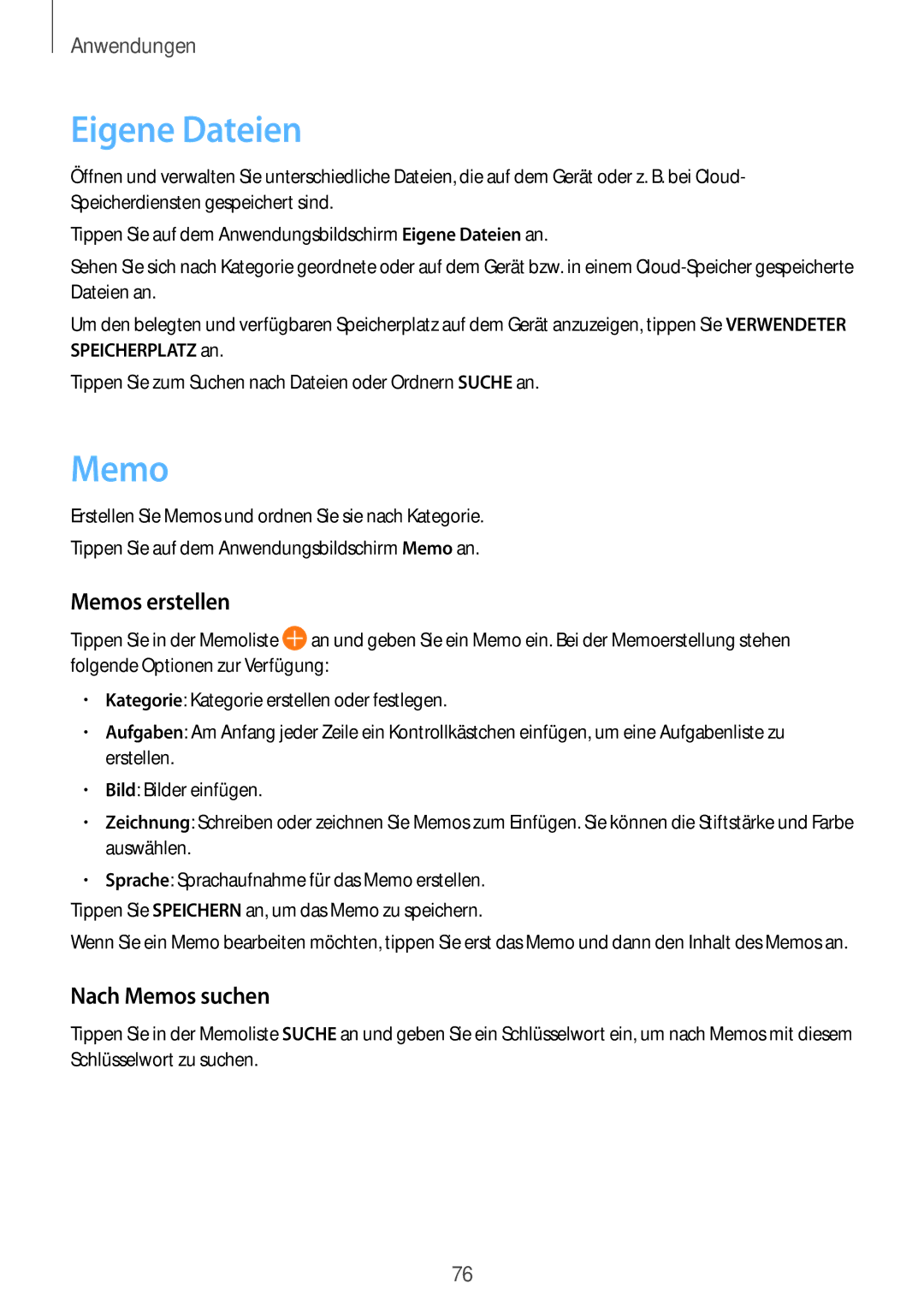 Samsung SM-T810NZWEDBT, SM-T810NZKEDBT, SM-T810NZDEDBT manual Eigene Dateien, Memos erstellen, Nach Memos suchen 
