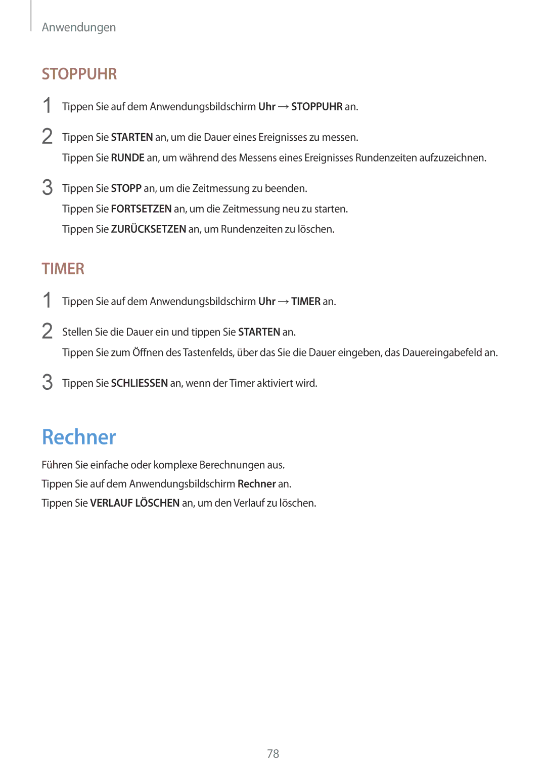 Samsung SM-T810NZKEDBT, SM-T810NZWEDBT, SM-T810NZDEDBT manual Rechner, Stoppuhr 