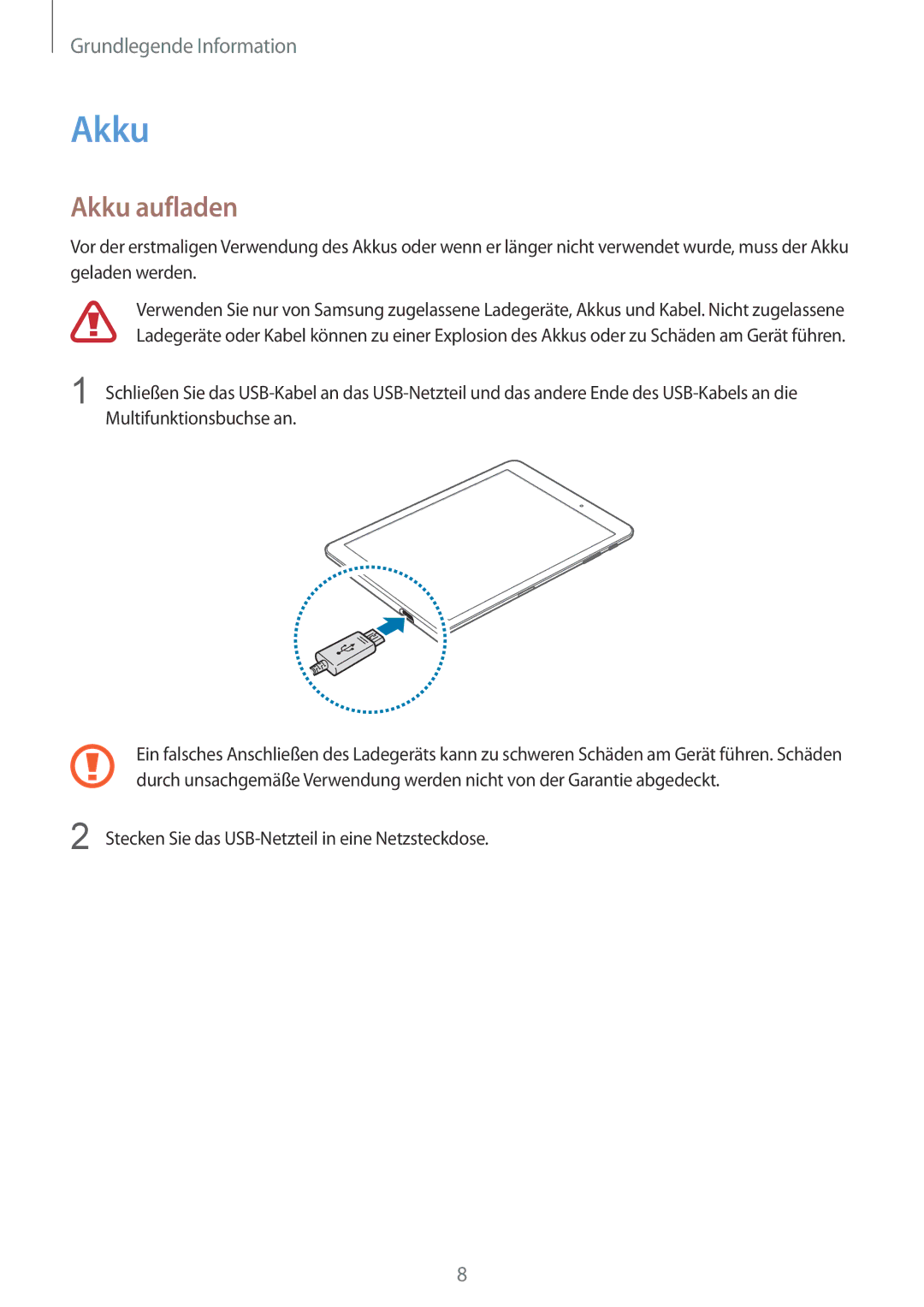 Samsung SM-T810NZDEDBT, SM-T810NZKEDBT, SM-T810NZWEDBT manual Akku aufladen 