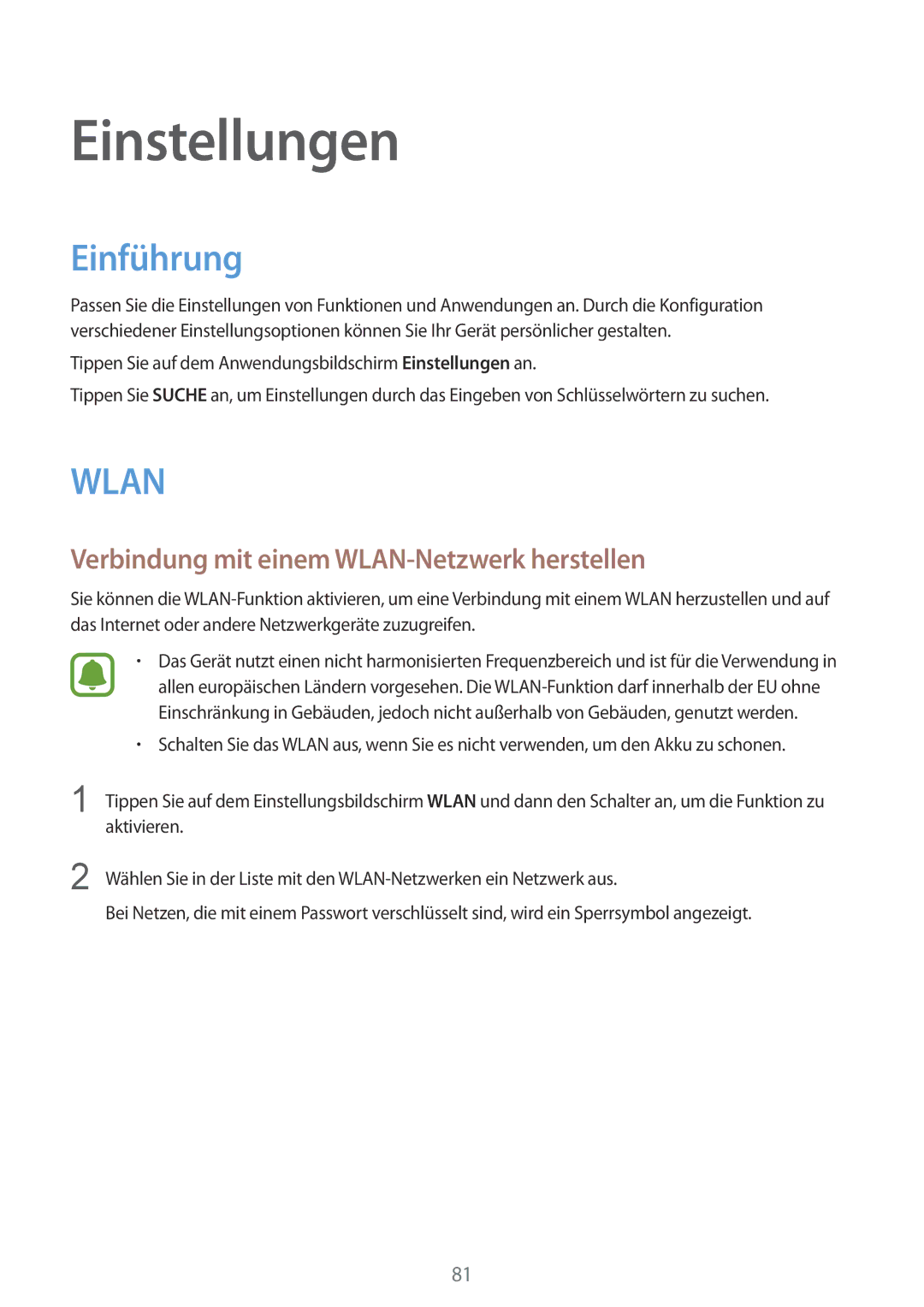 Samsung SM-T810NZKEDBT, SM-T810NZWEDBT, SM-T810NZDEDBT manual Einführung, Verbindung mit einem WLAN-Netzwerk herstellen 