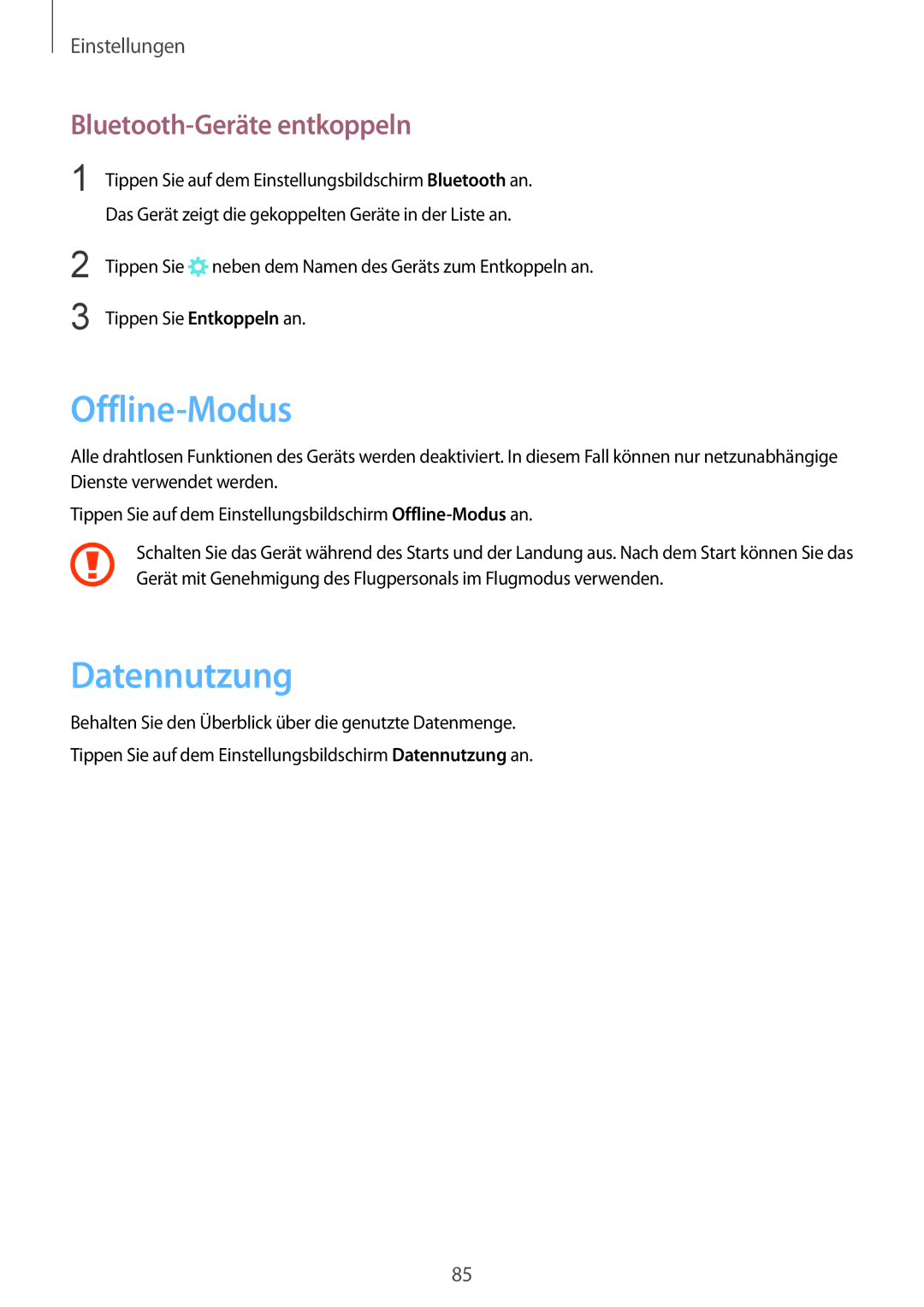 Samsung SM-T810NZWEDBT, SM-T810NZKEDBT, SM-T810NZDEDBT manual Offline-Modus, Datennutzung, Bluetooth-Geräte entkoppeln 