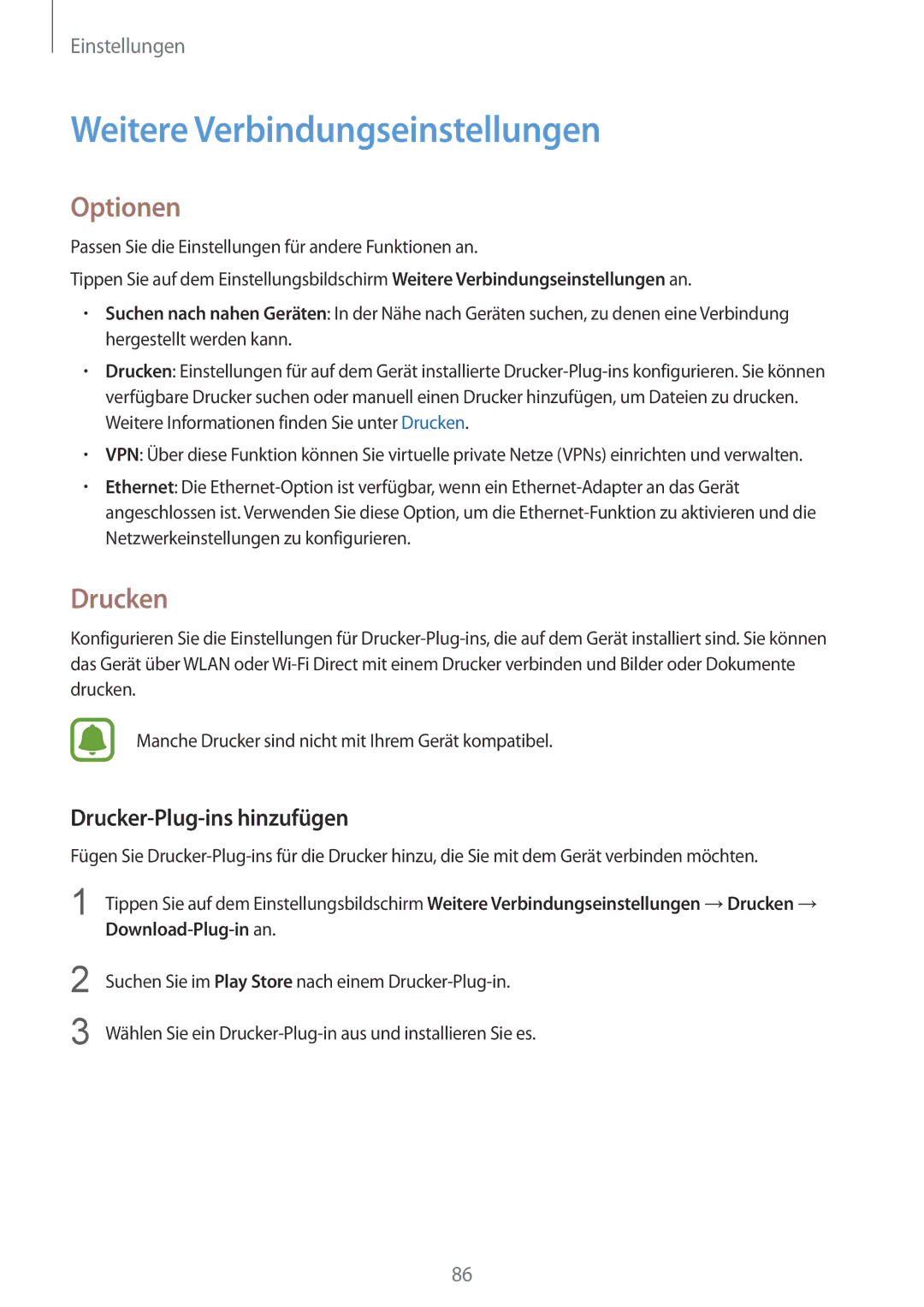 Samsung SM-T810NZDEDBT, SM-T810NZKEDBT Weitere Verbindungseinstellungen, Optionen, Drucken, Drucker-Plug-ins hinzufügen 