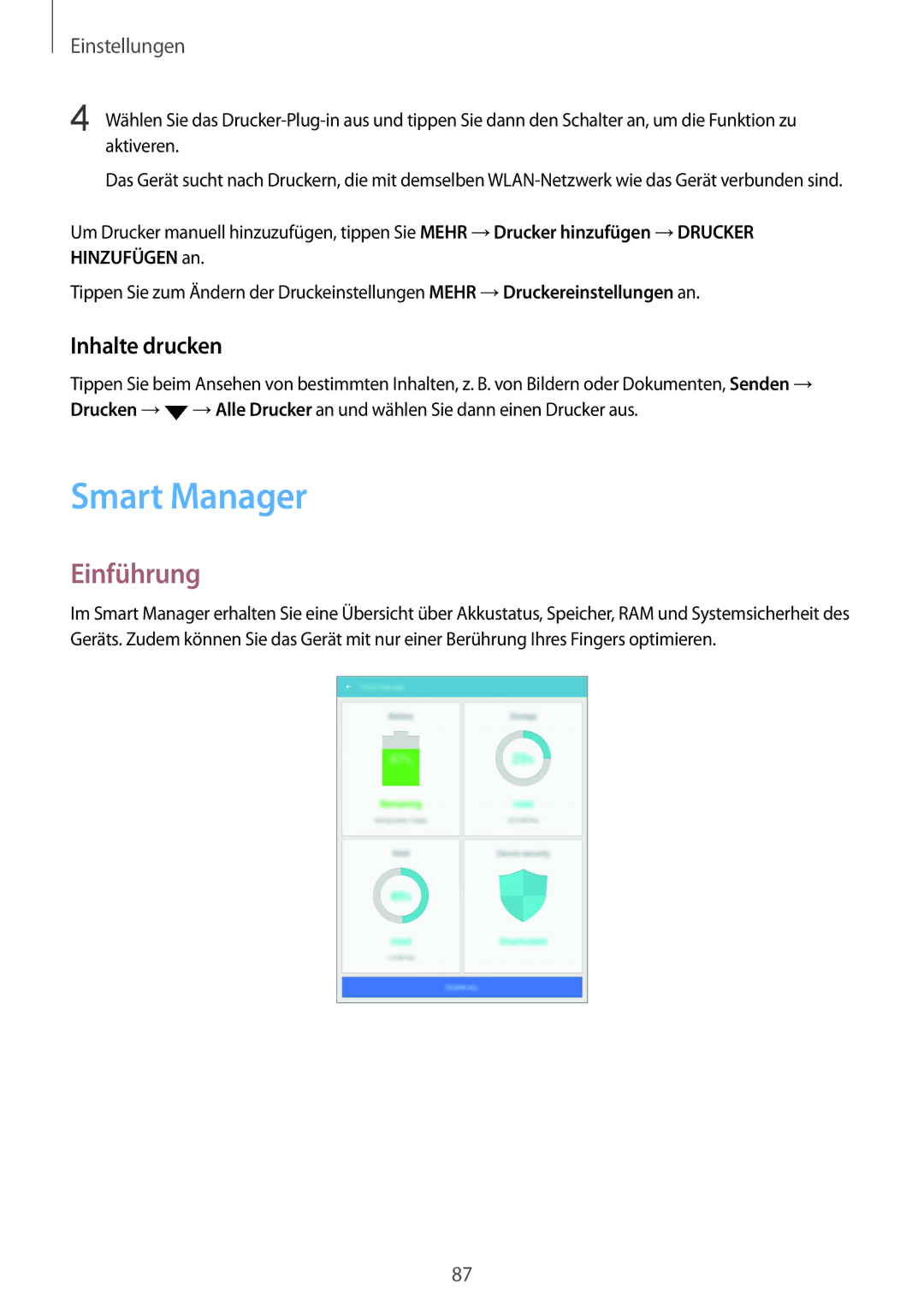 Samsung SM-T810NZKEDBT, SM-T810NZWEDBT, SM-T810NZDEDBT manual Smart Manager, Inhalte drucken 