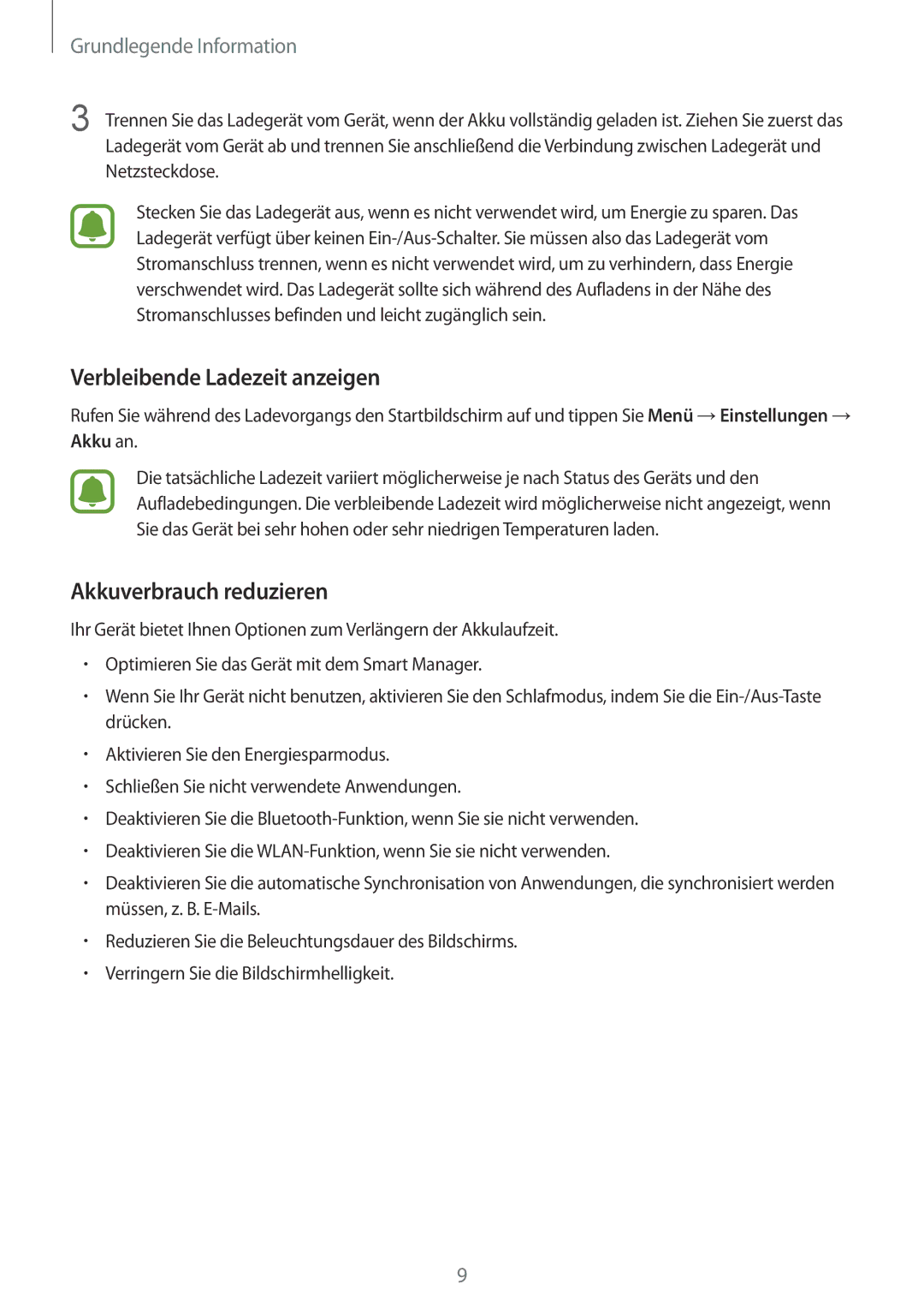 Samsung SM-T810NZKEDBT, SM-T810NZWEDBT, SM-T810NZDEDBT manual Verbleibende Ladezeit anzeigen, Akkuverbrauch reduzieren 
