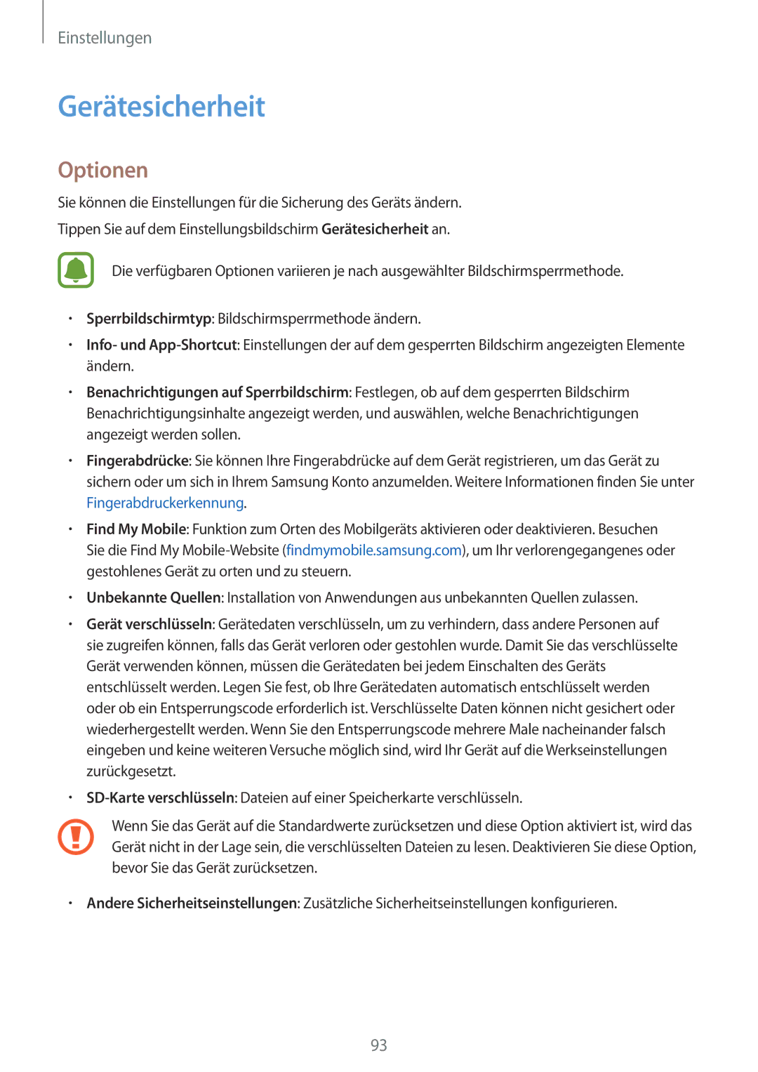 Samsung SM-T810NZKEDBT, SM-T810NZWEDBT, SM-T810NZDEDBT manual Gerätesicherheit, Optionen 