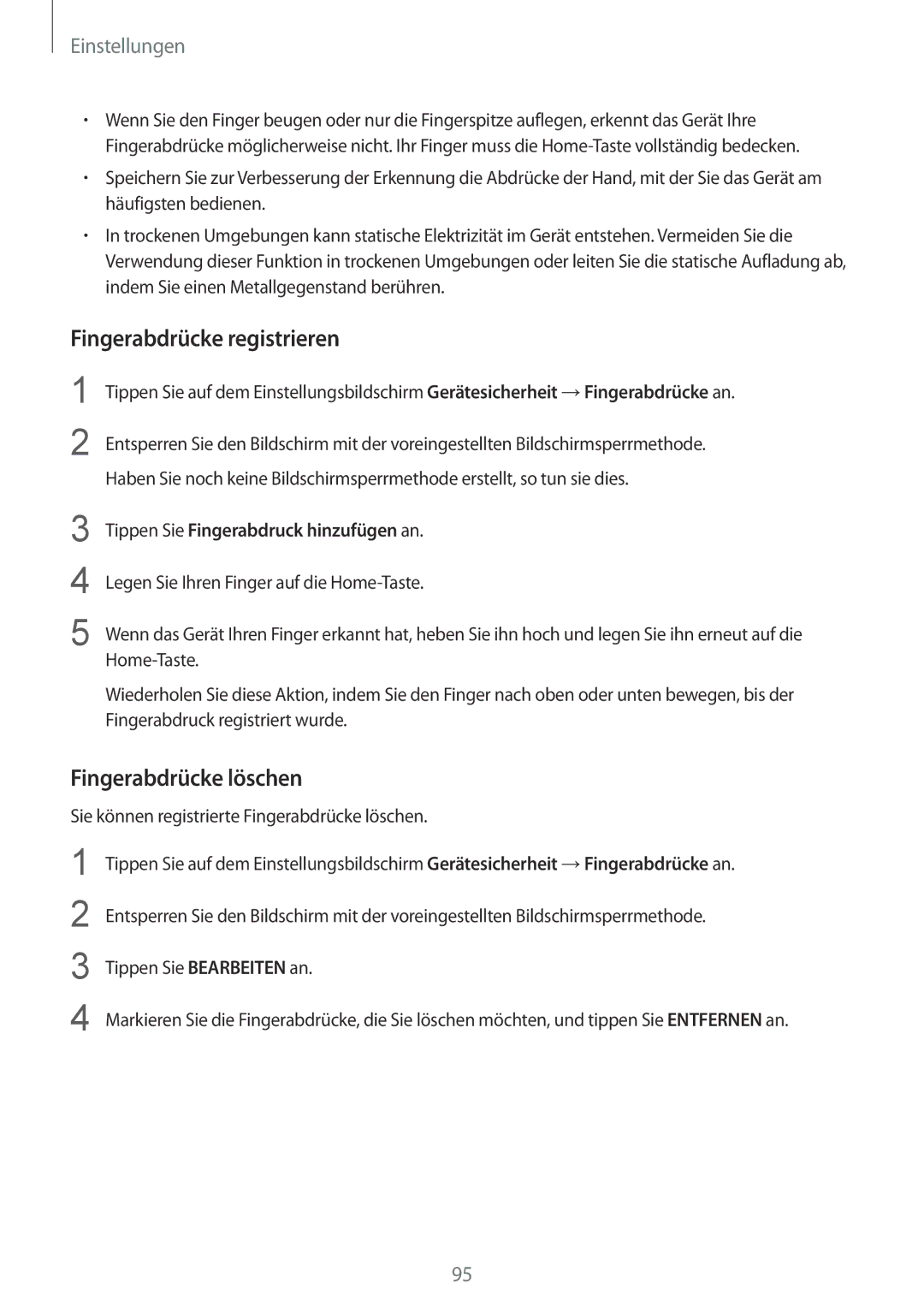 Samsung SM-T810NZDEDBT, SM-T810NZKEDBT, SM-T810NZWEDBT manual Fingerabdrücke registrieren, Fingerabdrücke löschen 