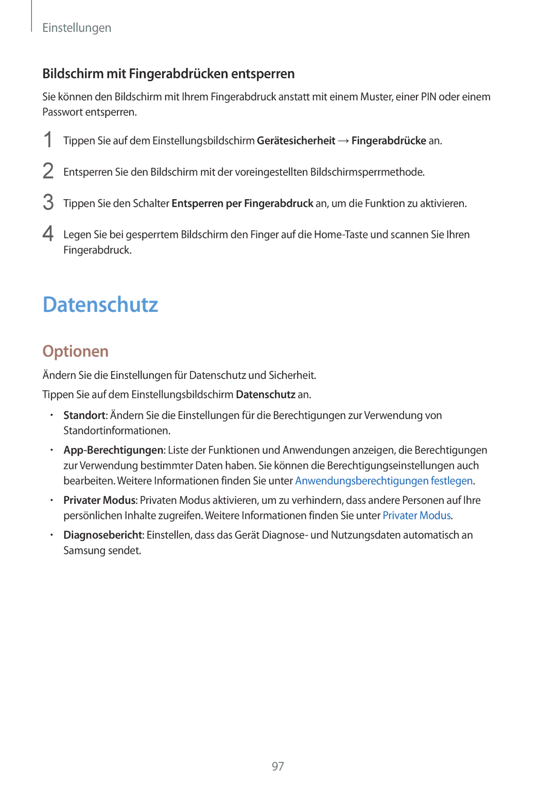 Samsung SM-T810NZWEDBT, SM-T810NZKEDBT, SM-T810NZDEDBT manual Datenschutz, Bildschirm mit Fingerabdrücken entsperren 