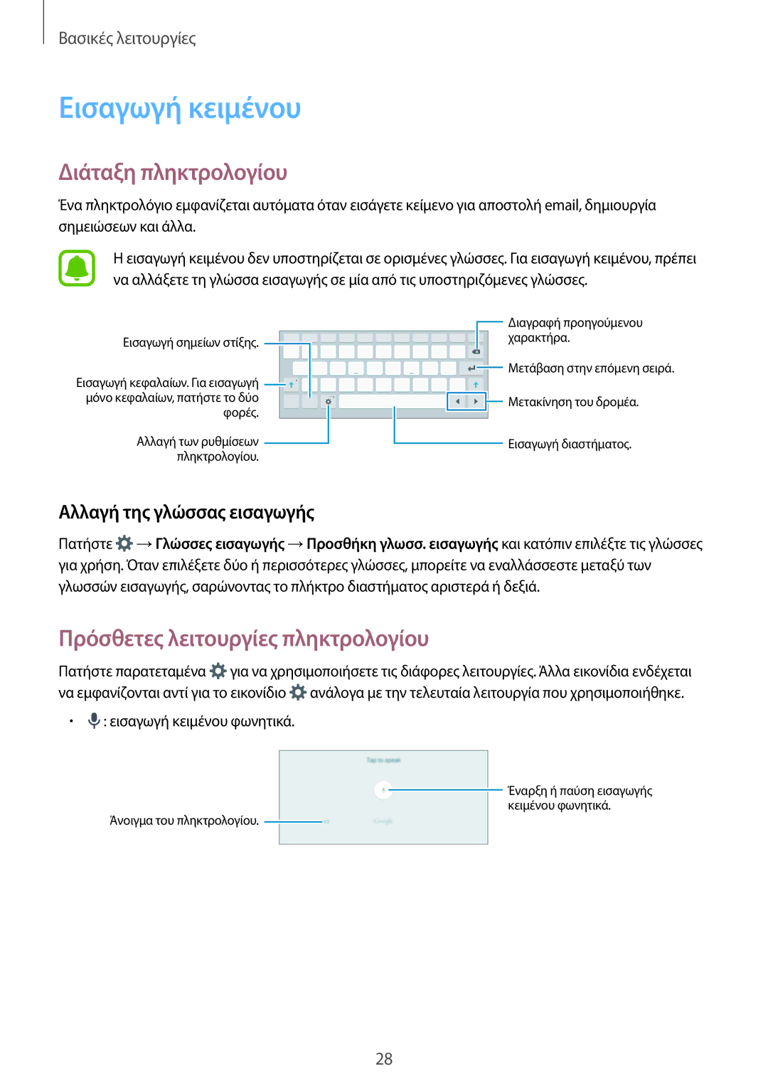 Samsung SM-T810NZKEEUR manual Εισαγωγή κειμένου, Διάταξη πληκτρολογίου, Πρόσθετες λειτουργίες πληκτρολογίου 