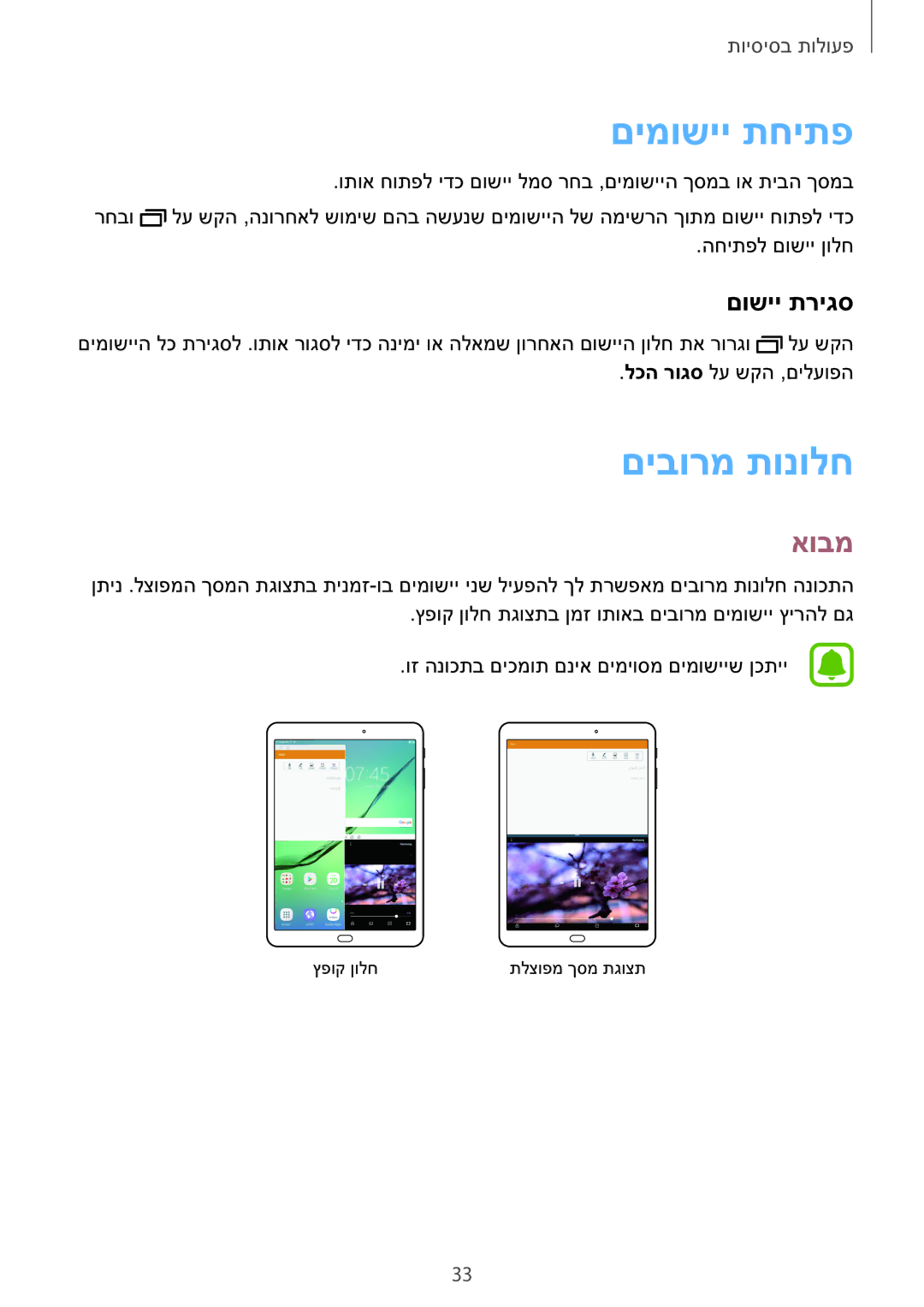 Samsung SM-T810NZKEILO manual םימושיי תחיתפ, םיבורמ תונולח, אובמ, םושיי תריגס 