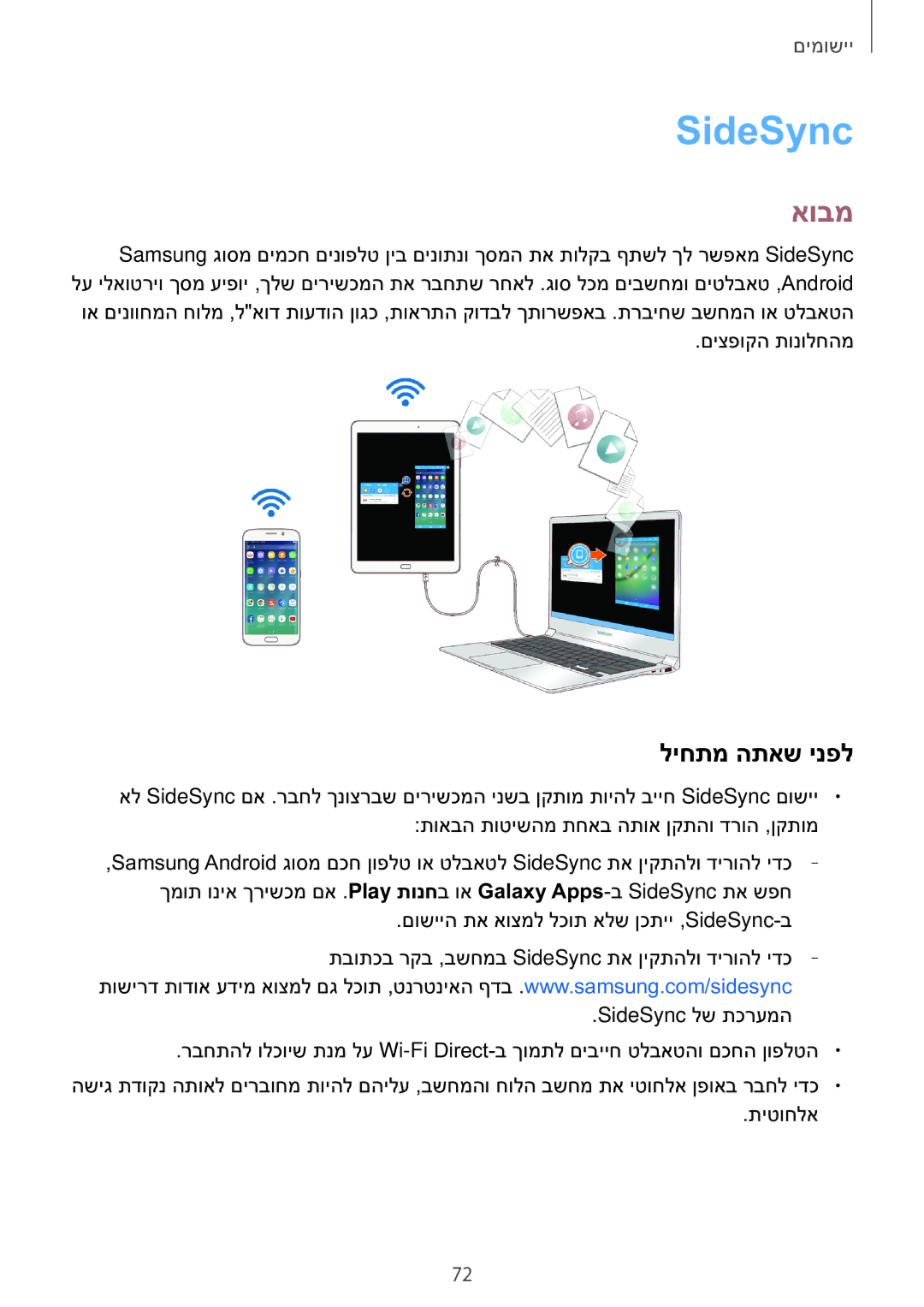 Samsung SM-T810NZKEILO manual SideSync, ליחתמ התאש ינפל 