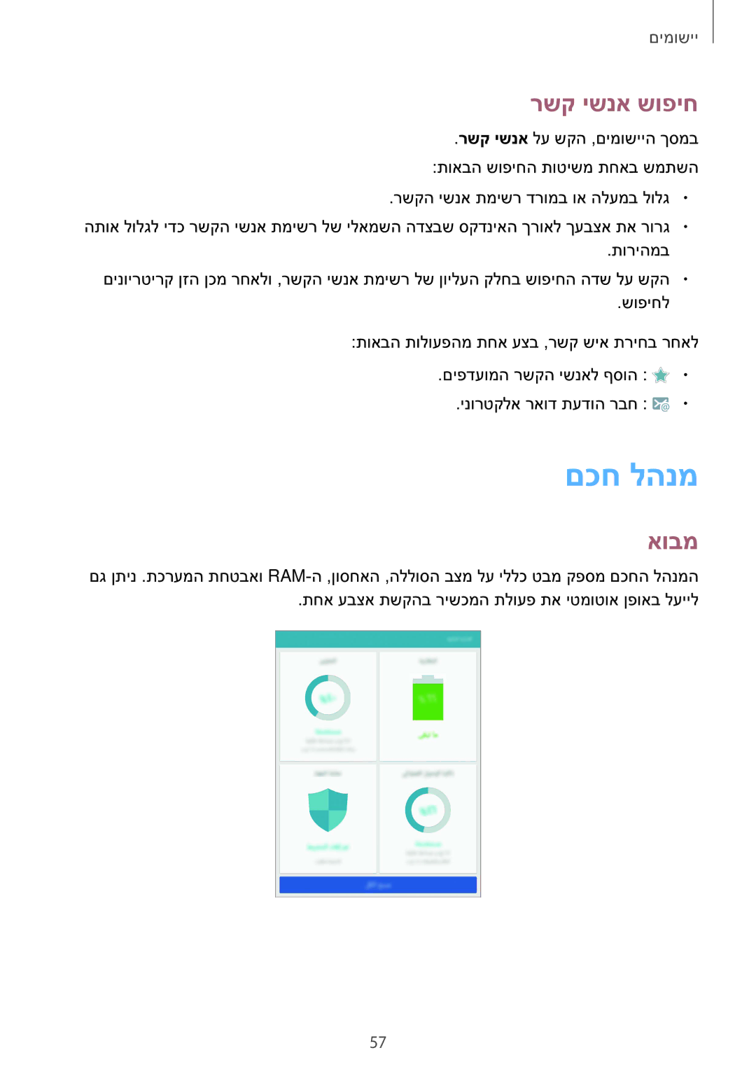 Samsung SM-T810NZKEILO manual םכח להנמ, רשק ישנא שופיח 