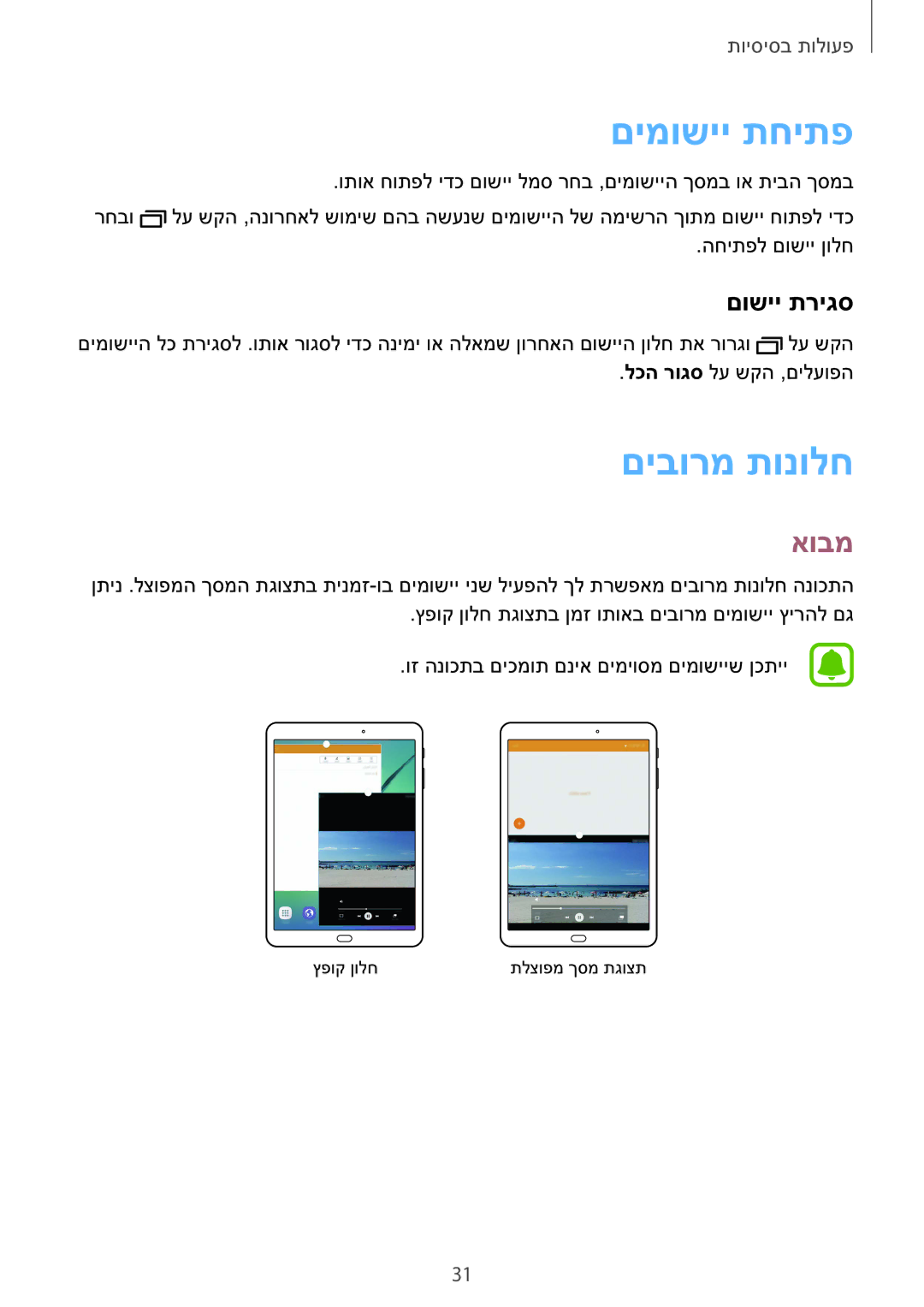 Samsung SM-T810NZKEILO manual םימושיי תחיתפ, םיבורמ תונולח, אובמ, םושיי תריגס 