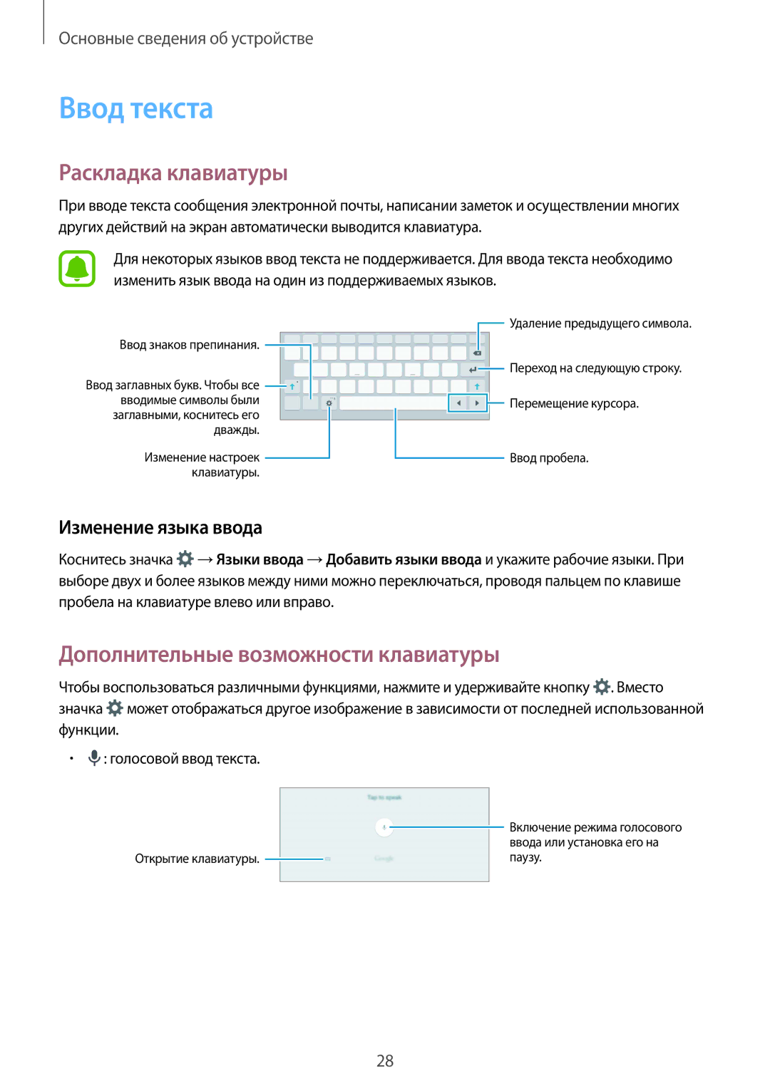 Samsung SM-T810NZKESER Ввод текста, Раскладка клавиатуры, Дополнительные возможности клавиатуры, Изменение языка ввода 
