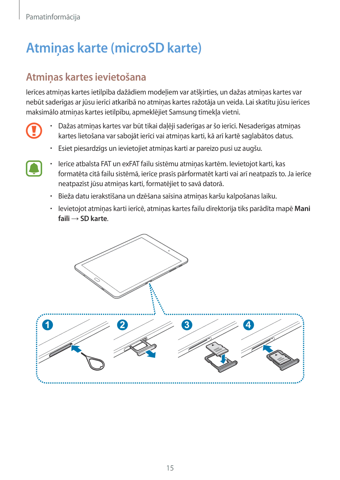 Samsung SM-T810NZKESEB, SM-T810NZWESEB, SM-T810NZDESEB manual Atmiņas karte microSD karte, Atmiņas kartes ievietošana 