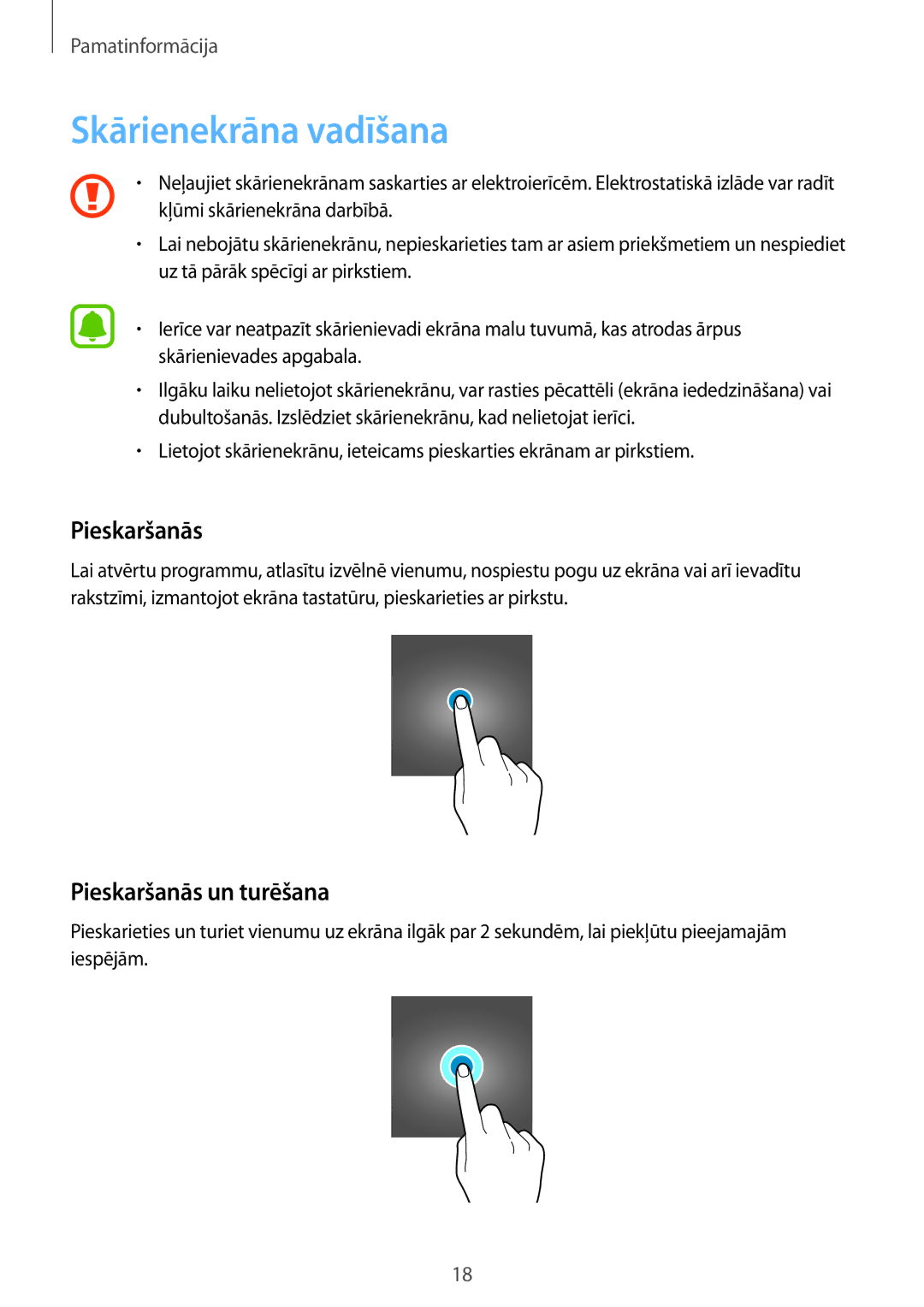 Samsung SM-T810NZKESEB, SM-T810NZWESEB, SM-T810NZDESEB manual Skārienekrāna vadīšana, Pieskaršanās un turēšana 