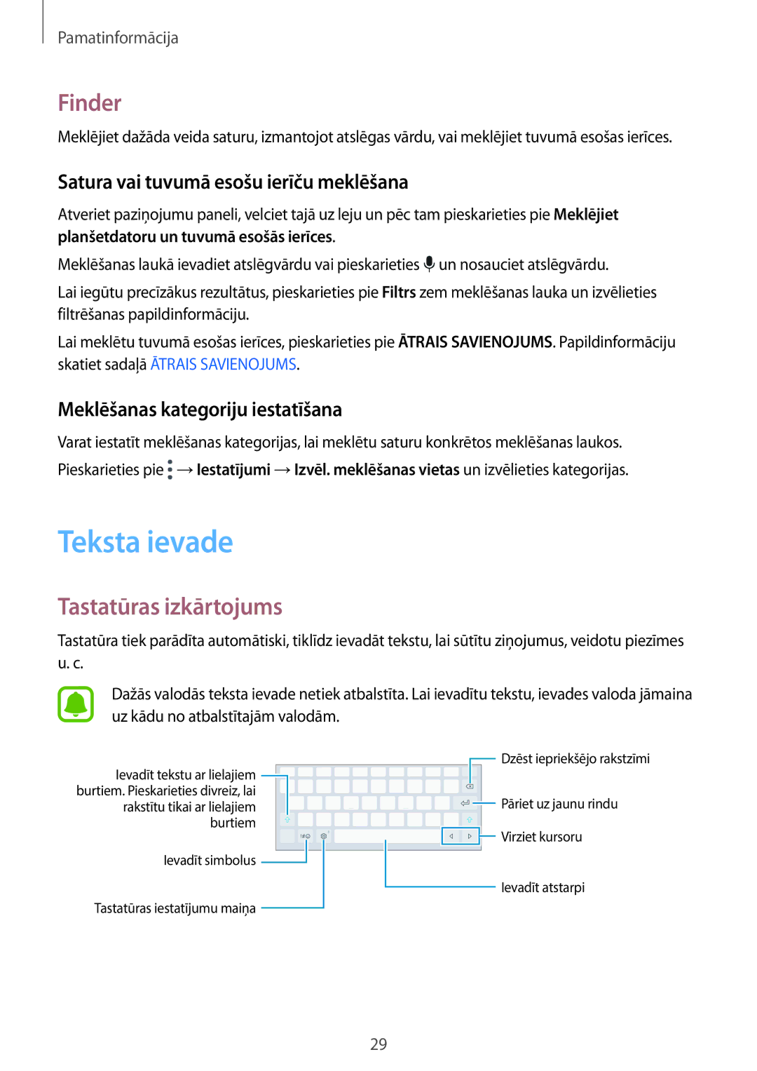 Samsung SM-T810NZDESEB manual Teksta ievade, Finder, Tastatūras izkārtojums, Satura vai tuvumā esošu ierīču meklēšana 