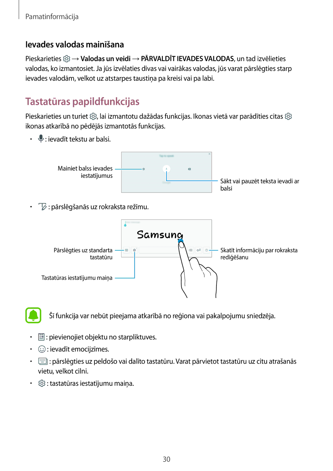 Samsung SM-T810NZKESEB manual Tastatūras papildfunkcijas, Ievades valodas mainīšana, Pārslēgšanās uz rokraksta režīmu 