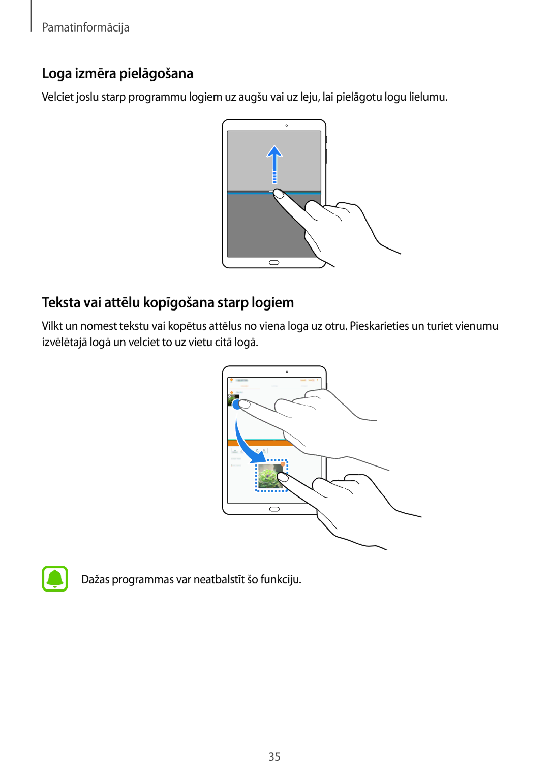 Samsung SM-T810NZDESEB, SM-T810NZKESEB, SM-T810NZWESEB Loga izmēra pielāgošana, Teksta vai attēlu kopīgošana starp logiem 