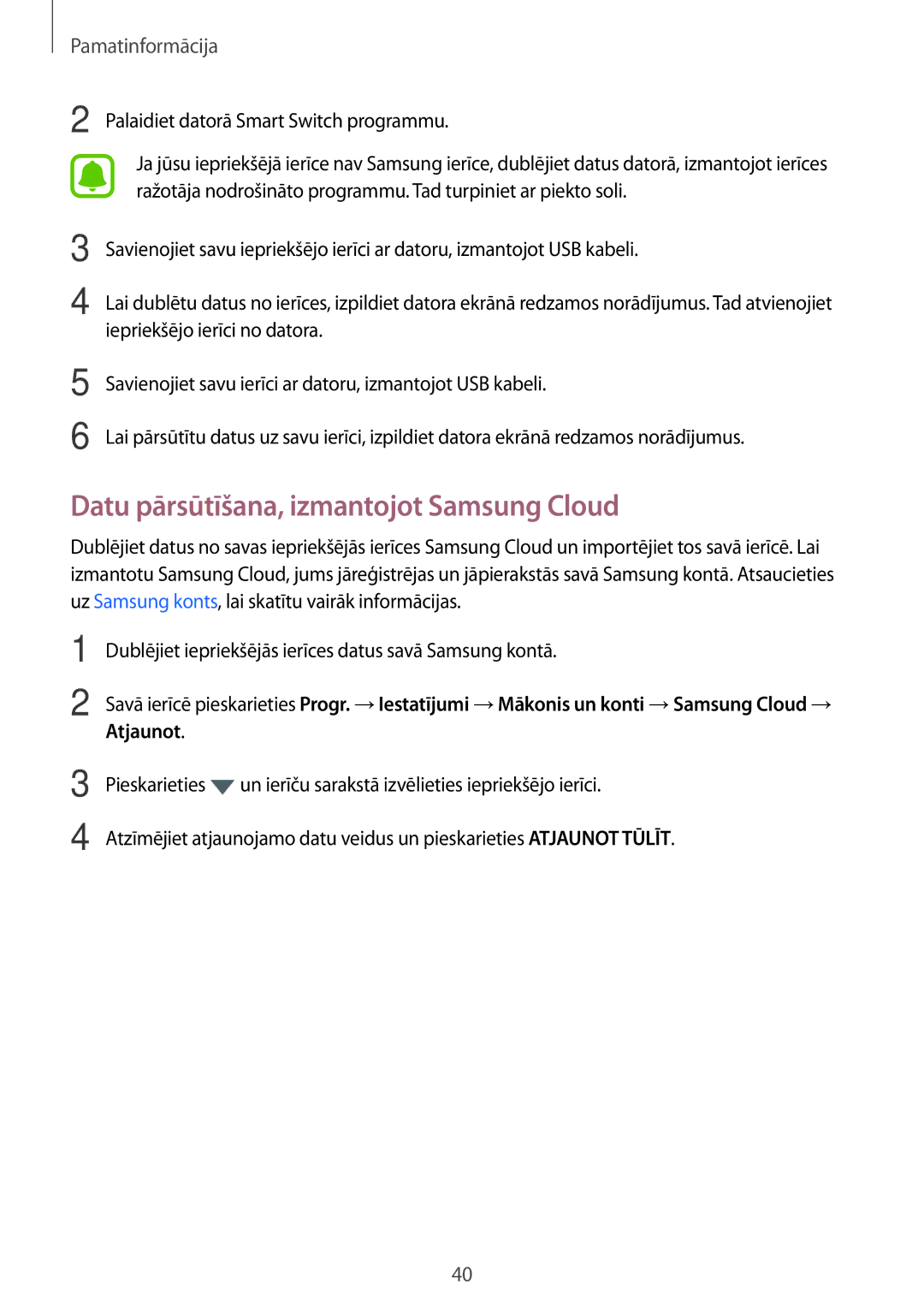 Samsung SM-T810NZWESEB, SM-T810NZKESEB Datu pārsūtīšana, izmantojot Samsung Cloud, Palaidiet datorā Smart Switch programmu 