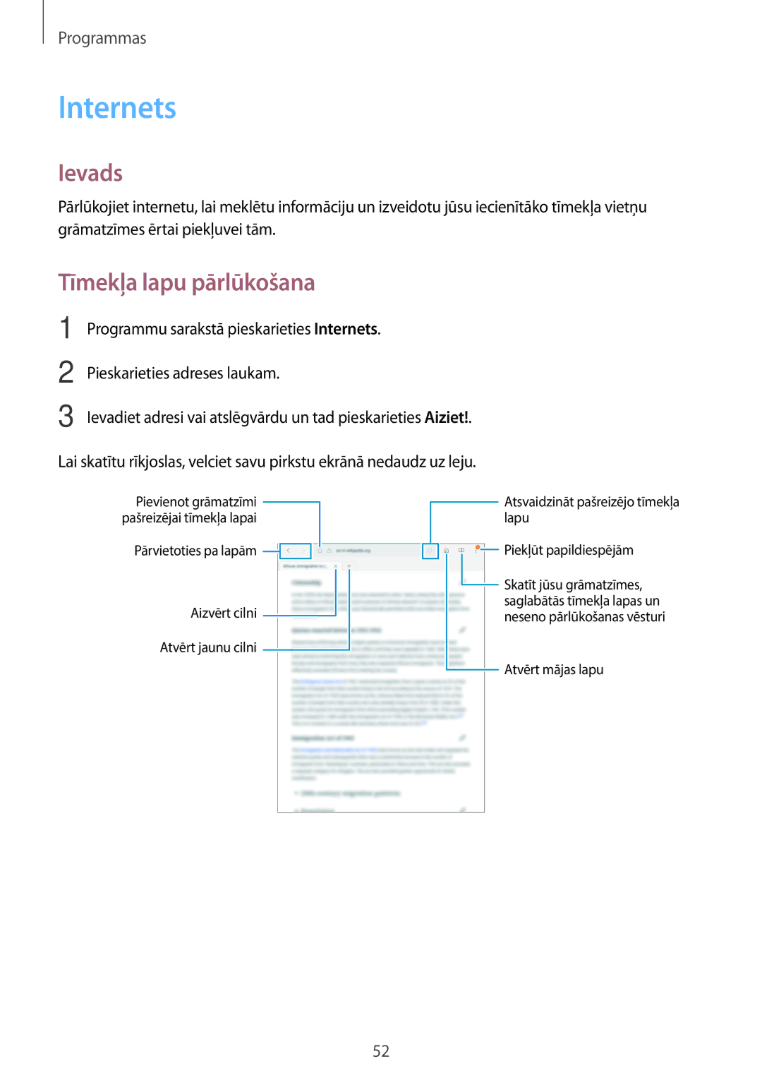 Samsung SM-T810NZWESEB, SM-T810NZKESEB, SM-T810NZDESEB manual Internets, Tīmekļa lapu pārlūkošana 