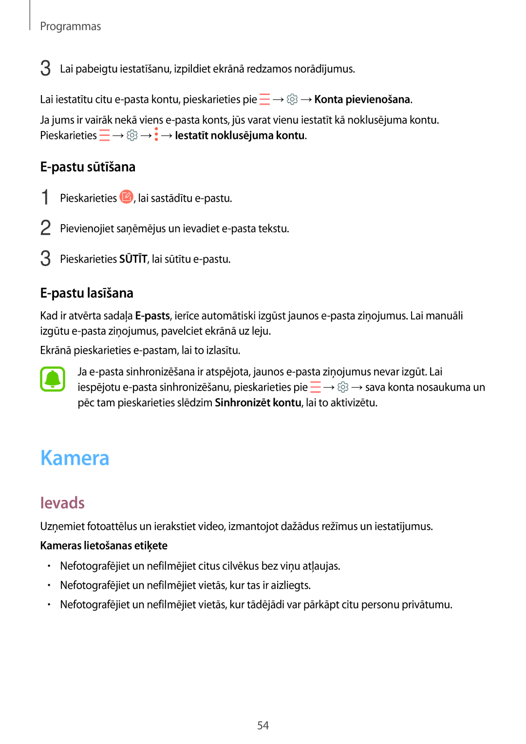 Samsung SM-T810NZKESEB, SM-T810NZWESEB, SM-T810NZDESEB manual Pastu sūtīšana, Pastu lasīšana, Kameras lietošanas etiķete 