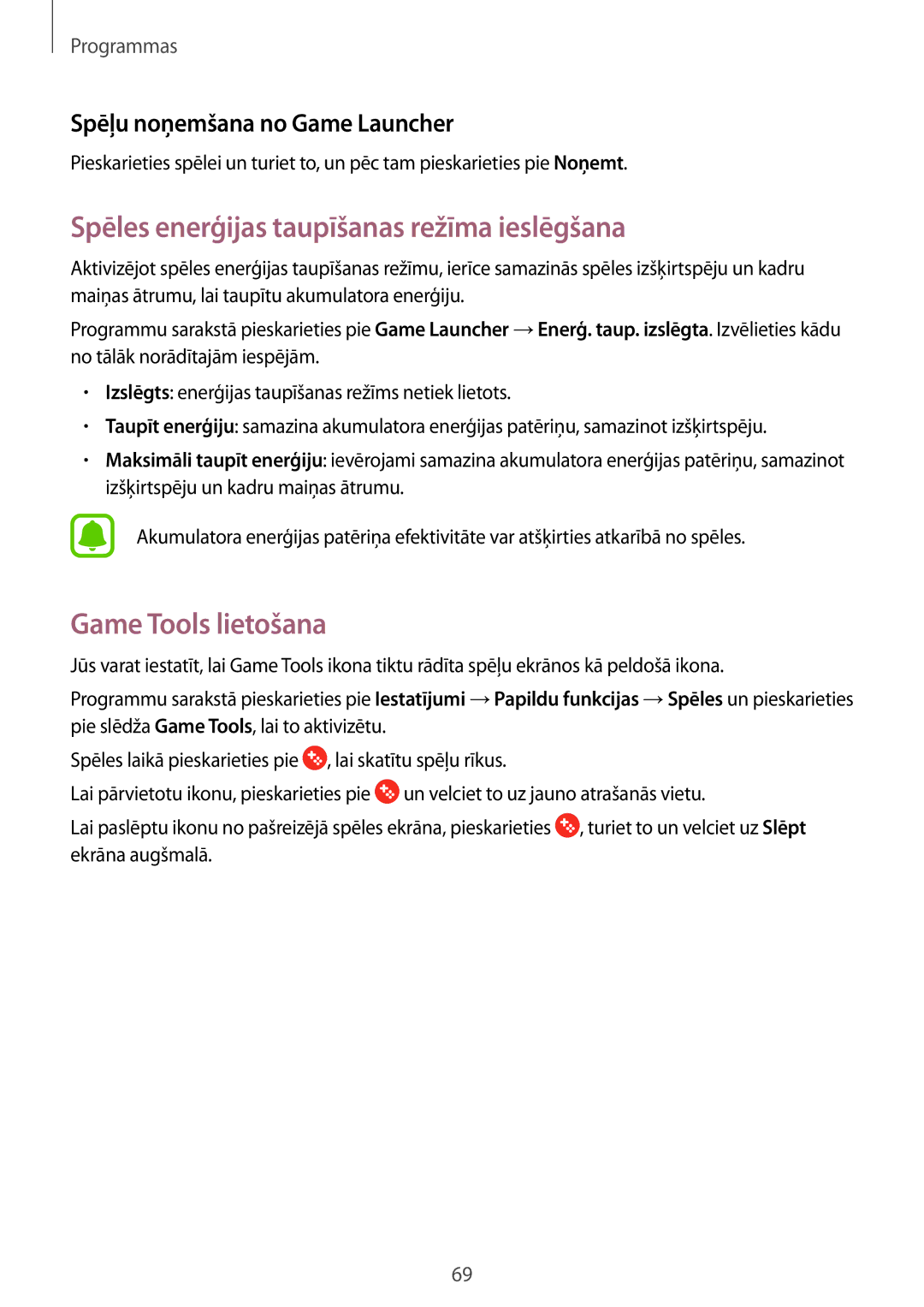 Samsung SM-T810NZKESEB, SM-T810NZWESEB, SM-T810NZDESEB Spēles enerģijas taupīšanas režīma ieslēgšana, Game Tools lietošana 