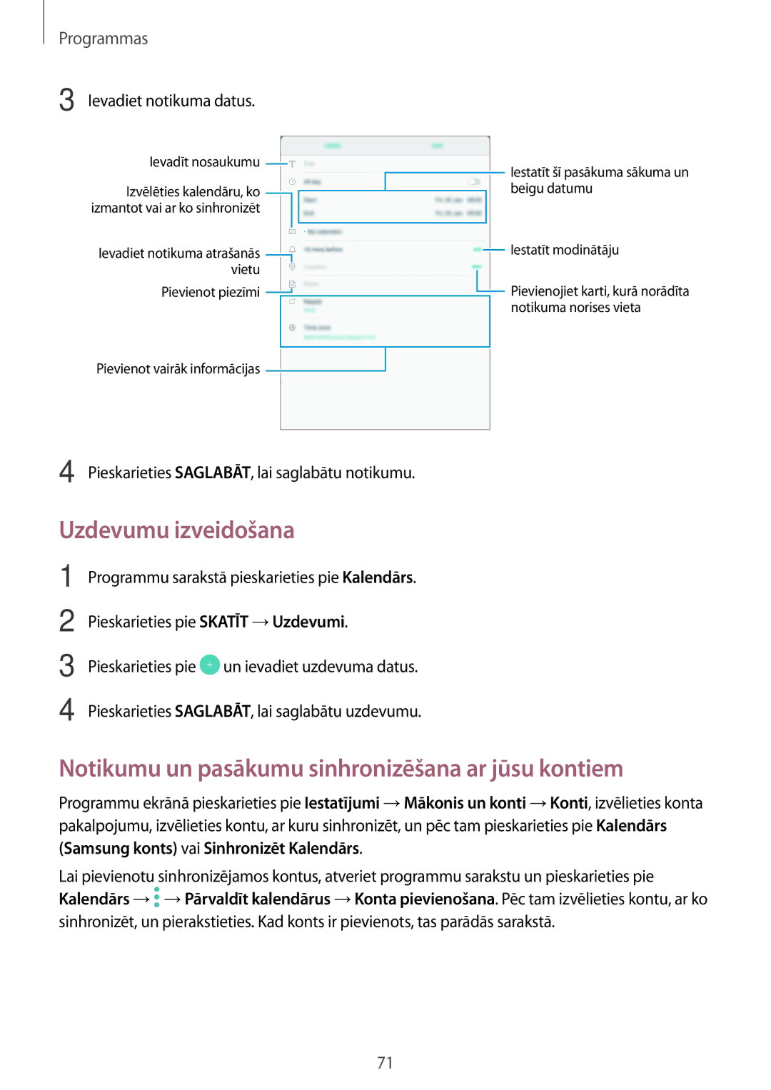 Samsung SM-T810NZDESEB Uzdevumu izveidošana, Notikumu un pasākumu sinhronizēšana ar jūsu kontiem, Ievadiet notikuma datus 