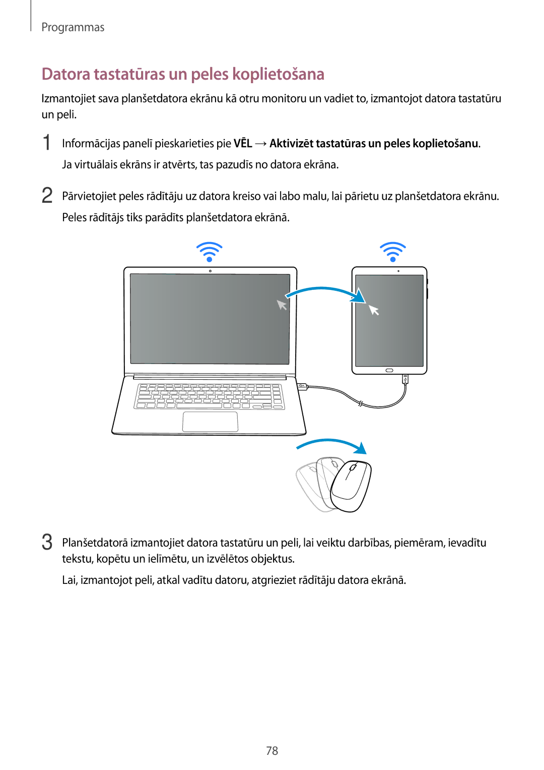 Samsung SM-T810NZKESEB manual Datora tastatūras un peles koplietošana, Peles rādītājs tiks parādīts planšetdatora ekrānā 