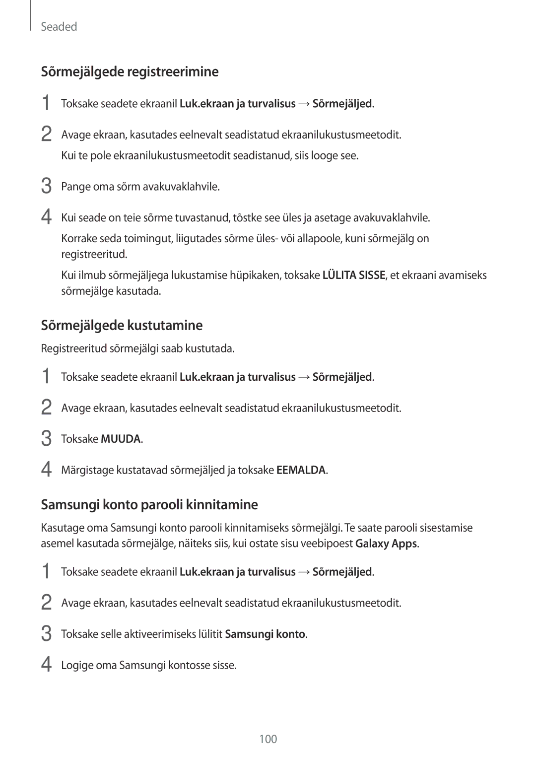 Samsung SM-T810NZWESEB manual Sõrmejälgede registreerimine, Sõrmejälgede kustutamine, Samsungi konto parooli kinnitamine 