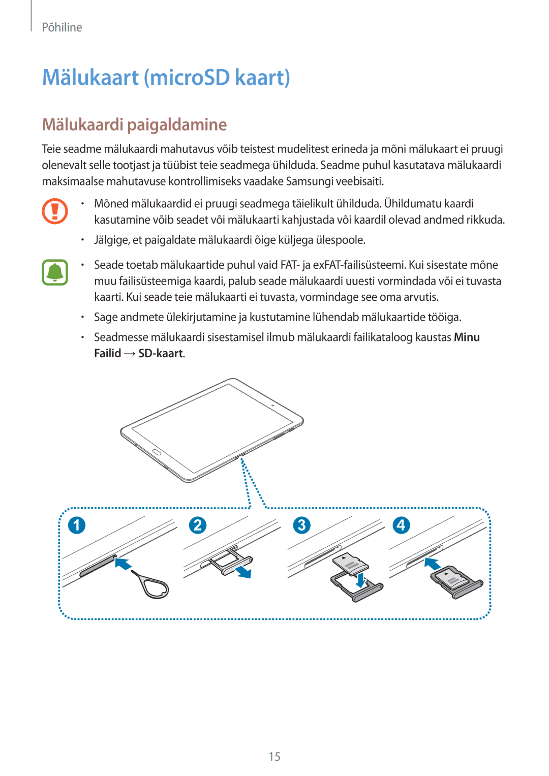 Samsung SM-T810NZKESEB, SM-T810NZWESEB, SM-T810NZDESEB manual Mälukaart microSD kaart, Mälukaardi paigaldamine 