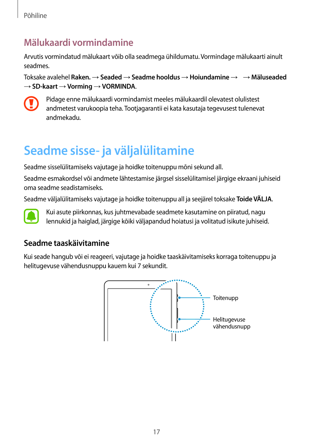 Samsung SM-T810NZDESEB, SM-T810NZKESEB Seadme sisse- ja väljalülitamine, Mälukaardi vormindamine, Seadme taaskäivitamine 