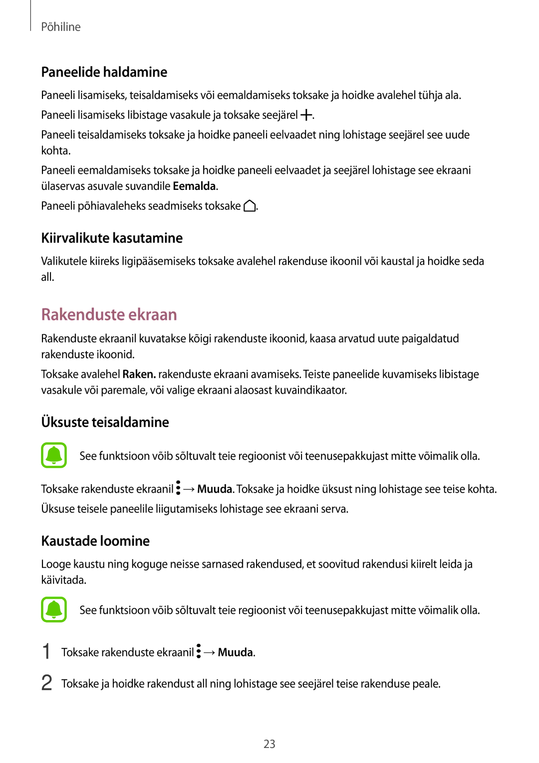 Samsung SM-T810NZDESEB, SM-T810NZKESEB, SM-T810NZWESEB manual Rakenduste ekraan, Paneelide haldamine, Kiirvalikute kasutamine 