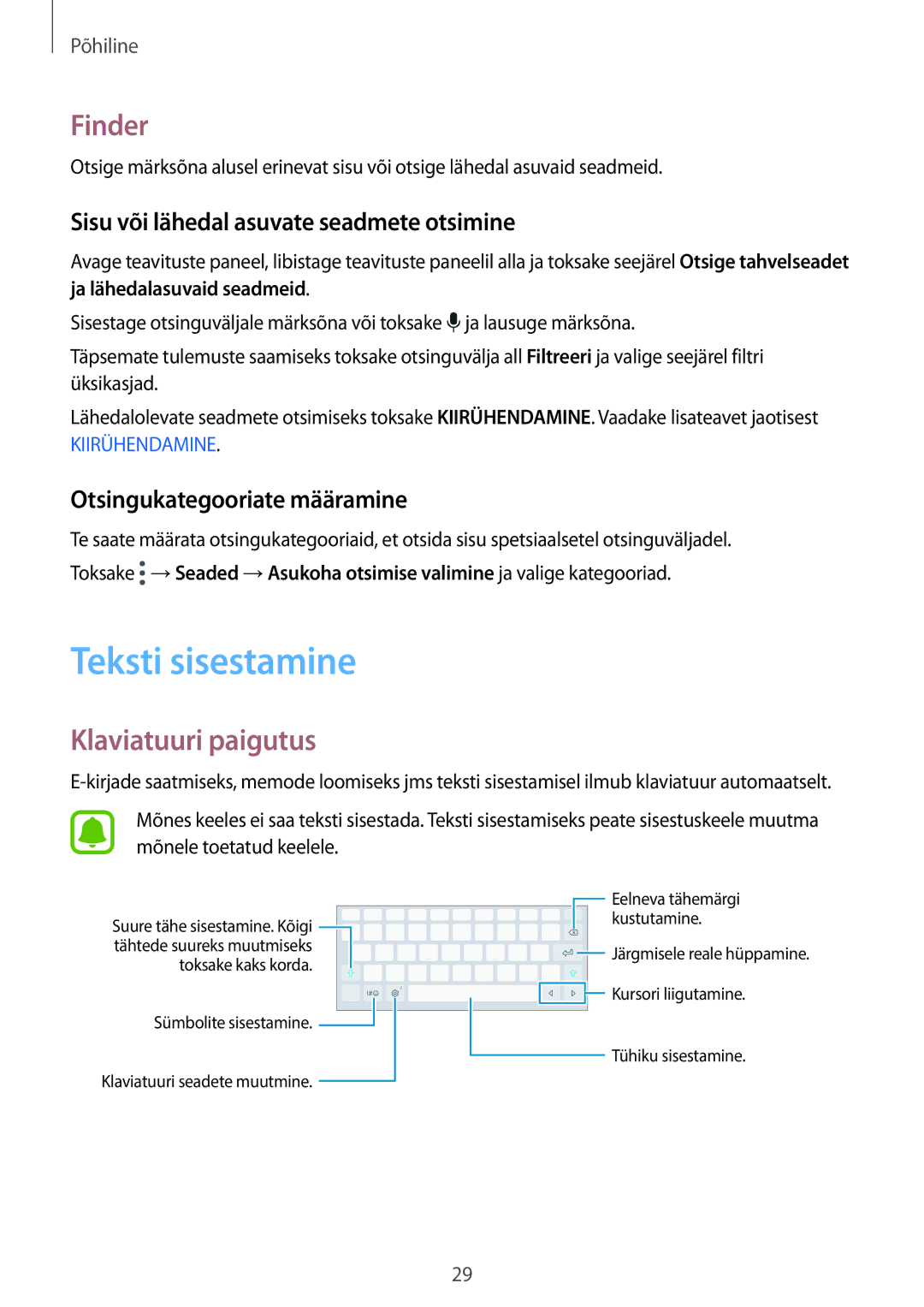 Samsung SM-T810NZDESEB manual Teksti sisestamine, Finder, Klaviatuuri paigutus, Sisu või lähedal asuvate seadmete otsimine 