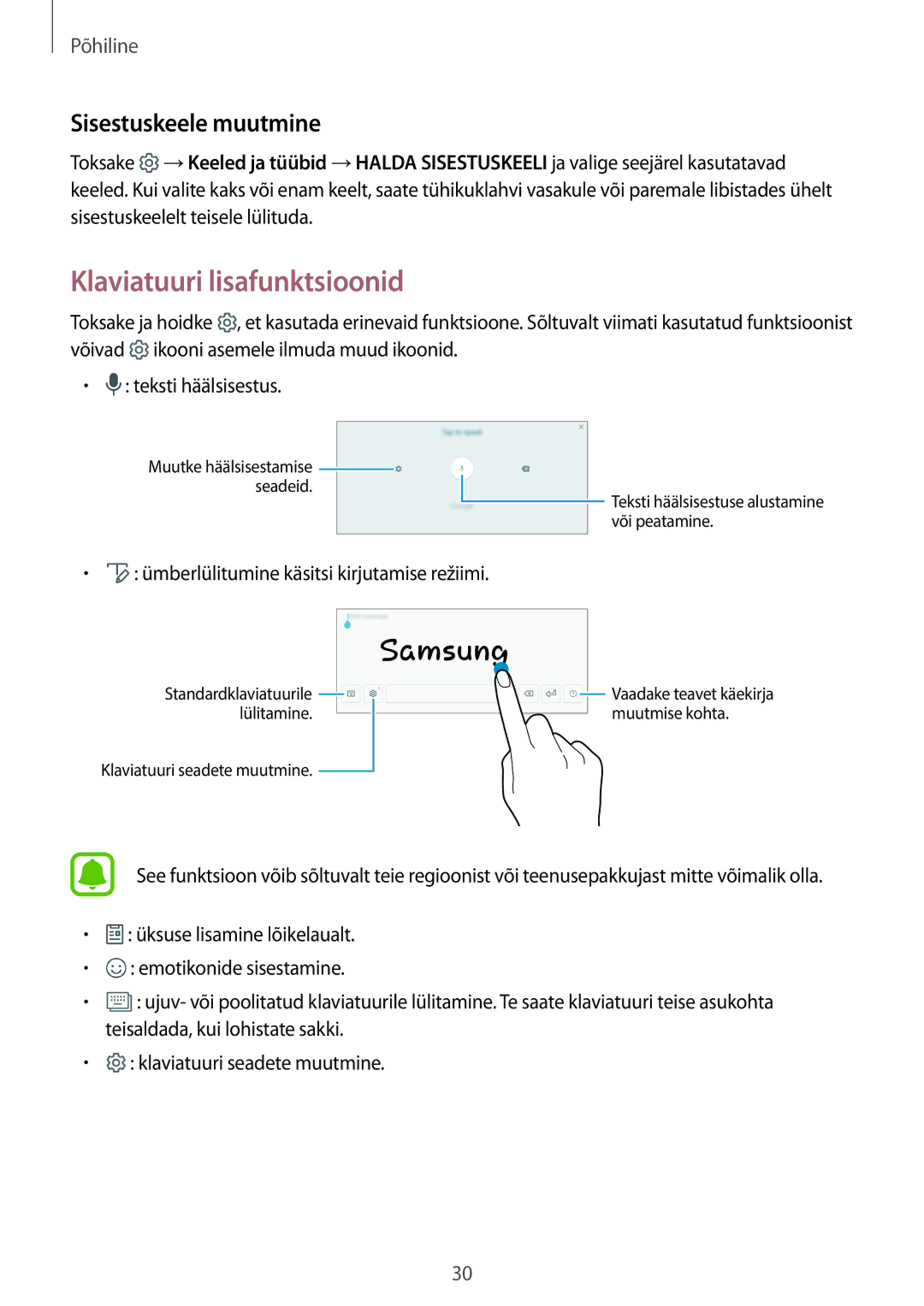 Samsung SM-T810NZKESEB, SM-T810NZWESEB, SM-T810NZDESEB manual Klaviatuuri lisafunktsioonid, Sisestuskeele muutmine 