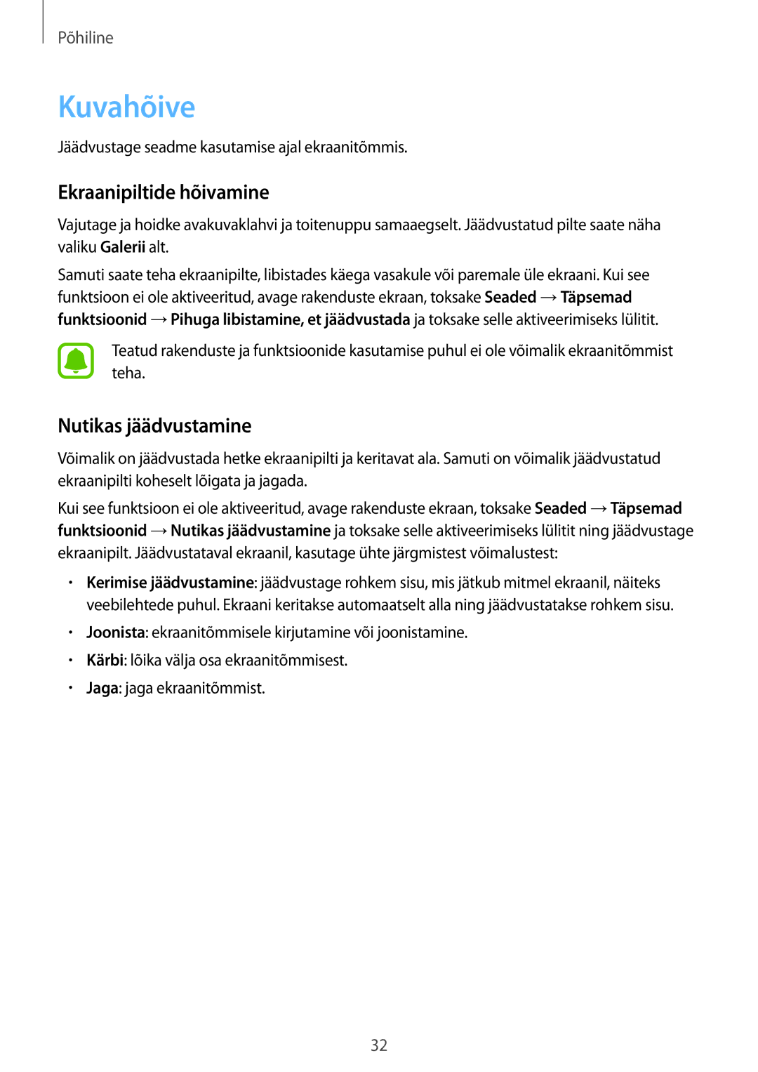 Samsung SM-T810NZDESEB, SM-T810NZKESEB, SM-T810NZWESEB manual Kuvahõive, Ekraanipiltide hõivamine, Nutikas jäädvustamine 