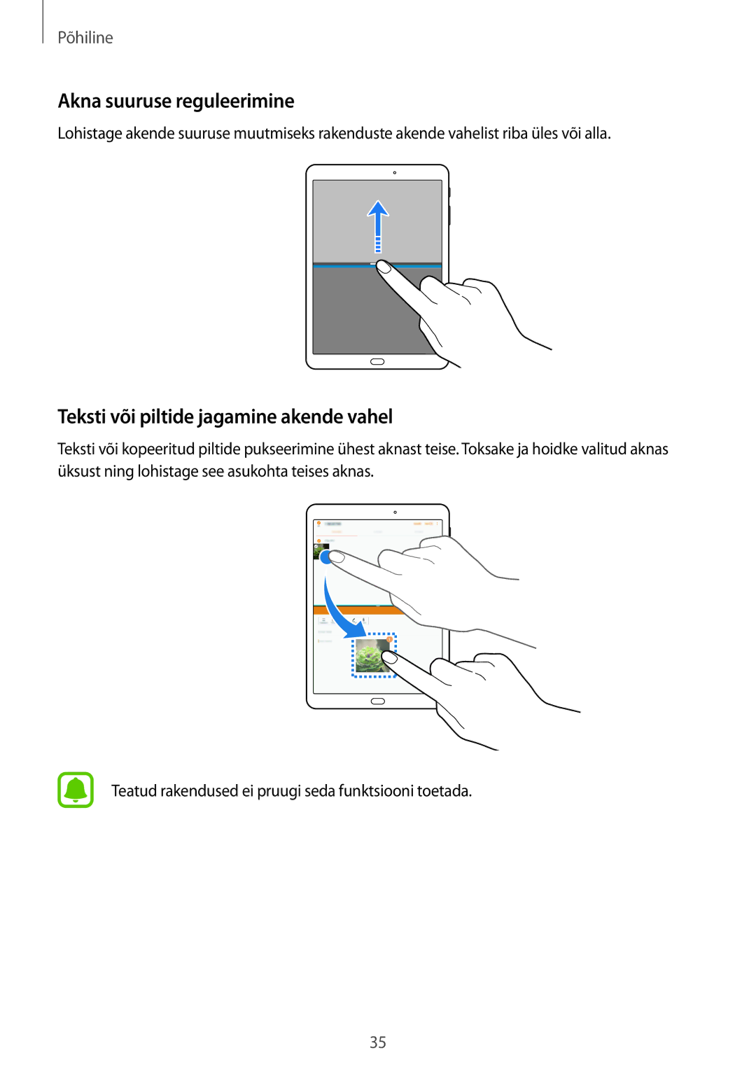 Samsung SM-T810NZDESEB, SM-T810NZKESEB, SM-T810NZWESEB Akna suuruse reguleerimine, Teksti või piltide jagamine akende vahel 