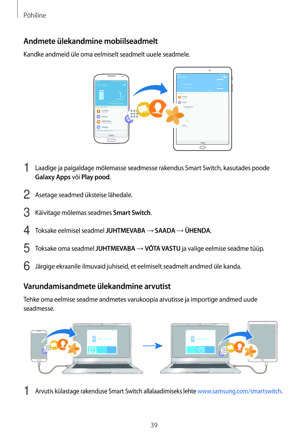 Samsung SM-T810NZKESEB, SM-T810NZWESEB manual Andmete ülekandmine mobiilseadmelt, Varundamisandmete ülekandmine arvutist 