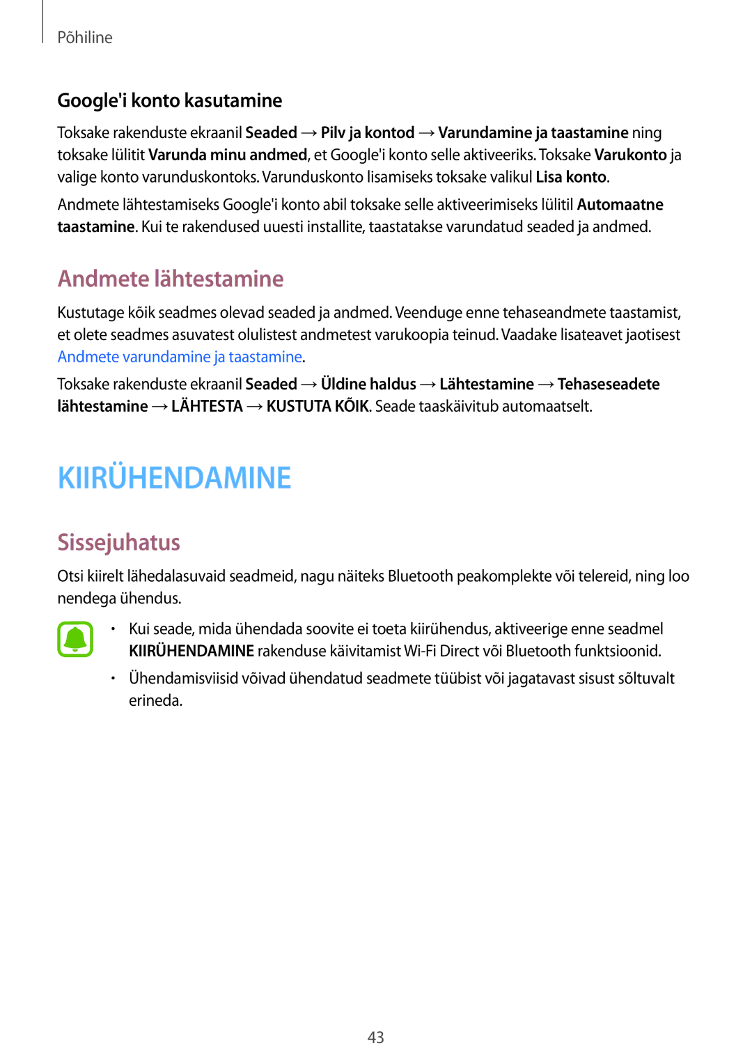 Samsung SM-T810NZWESEB, SM-T810NZKESEB, SM-T810NZDESEB manual Andmete lähtestamine, Googlei konto kasutamine 