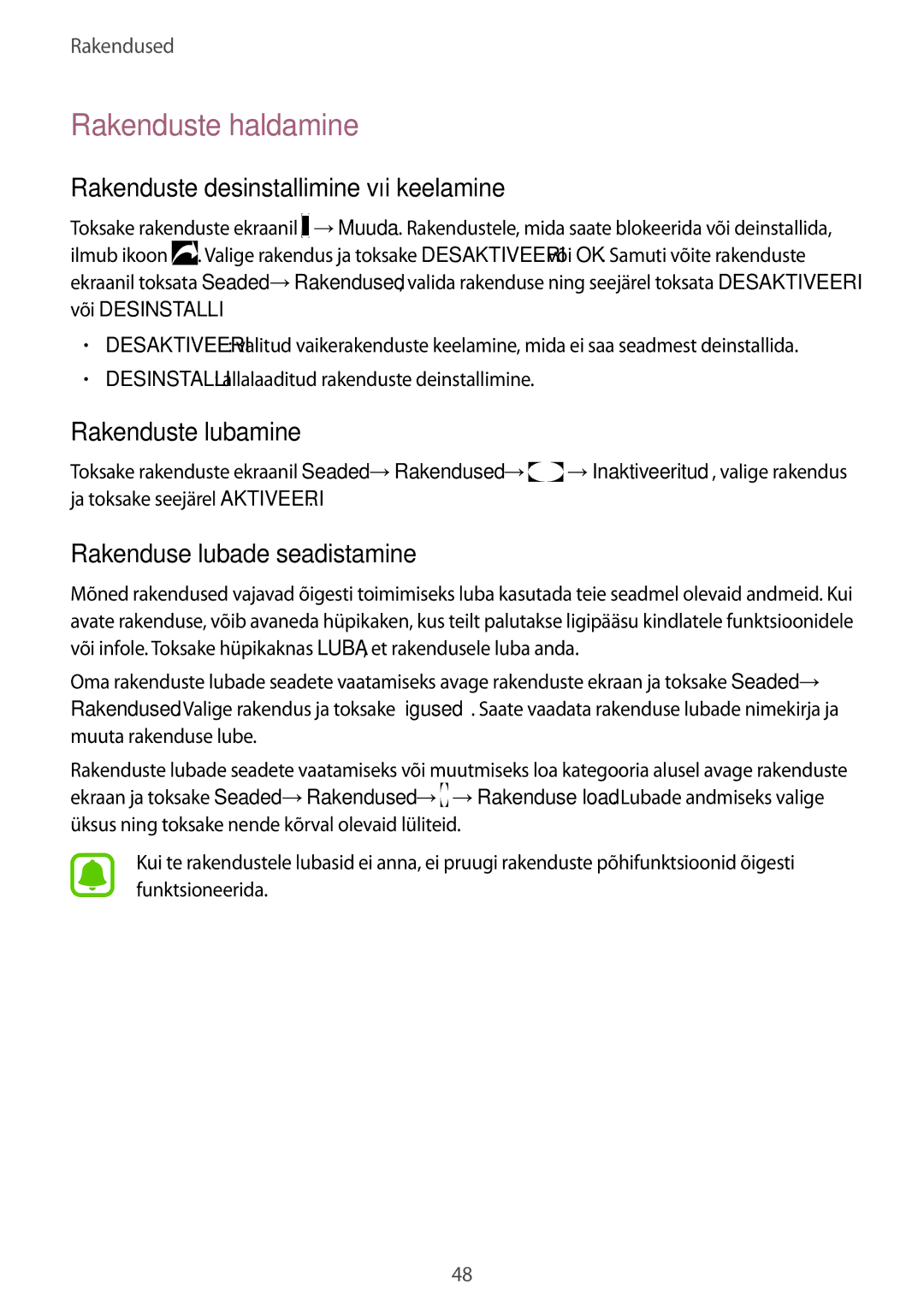 Samsung SM-T810NZKESEB, SM-T810NZWESEB Rakenduste haldamine, Rakenduste desinstallimine või keelamine, Rakenduste lubamine 