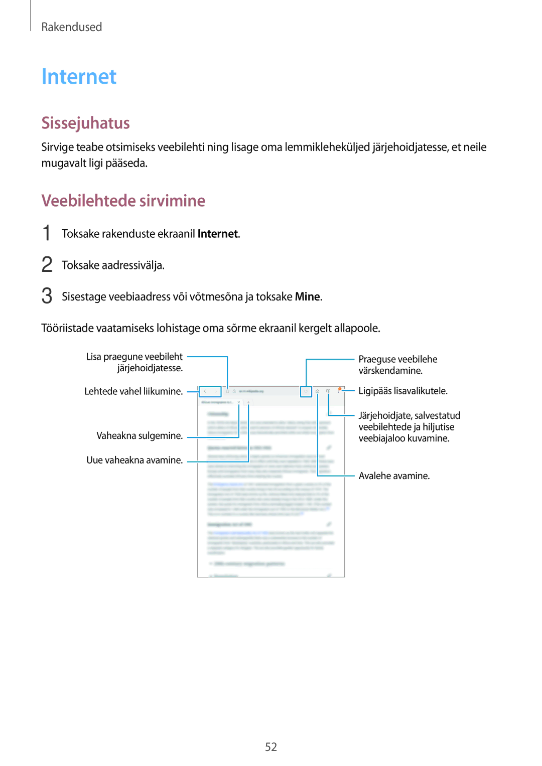 Samsung SM-T810NZWESEB, SM-T810NZKESEB, SM-T810NZDESEB manual Internet, Veebilehtede sirvimine 